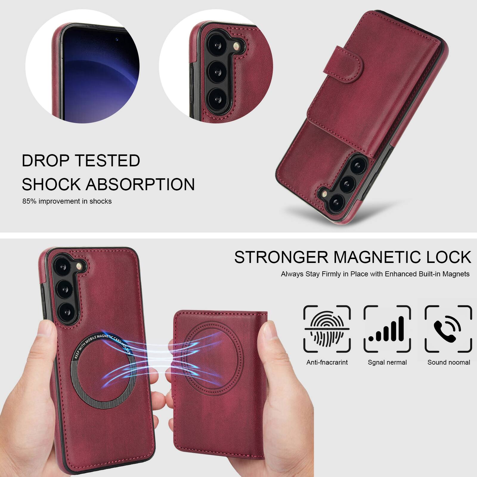 DROP TESTED  
SHOCK ABSORPTION  
85% improvement in shocks  

STRONGER MAGNETIC LOCK  
Always Stay Firmly in Place with Enhanced Built-in Magnets  

Anti-fingerprint  
Signal normal  
Sound normal