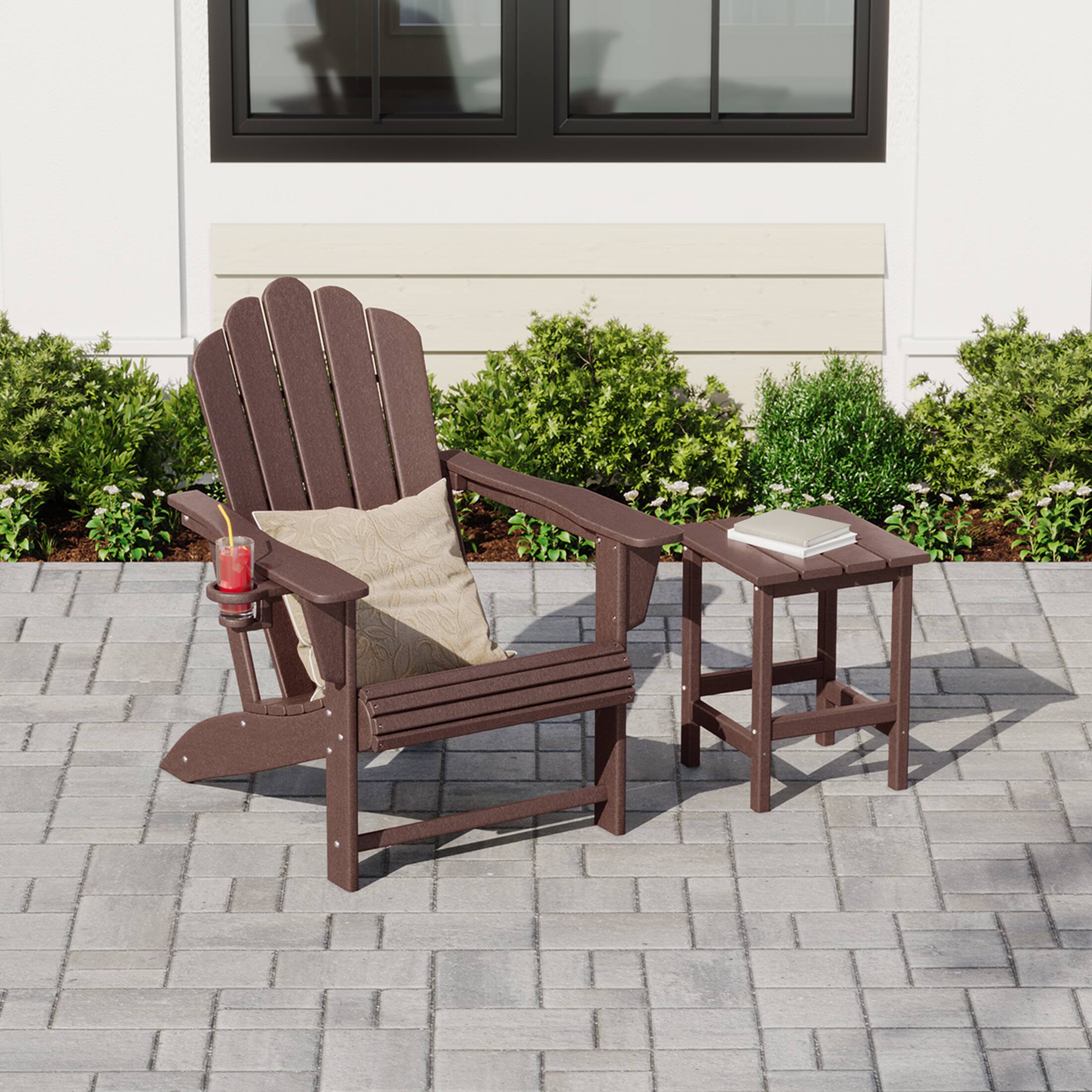 Angle. WestinTrends - WestinTrends Highland Outdoor Patio HDPE Adirondack Chair With Cup Holder and Table Set - Dark Brown.