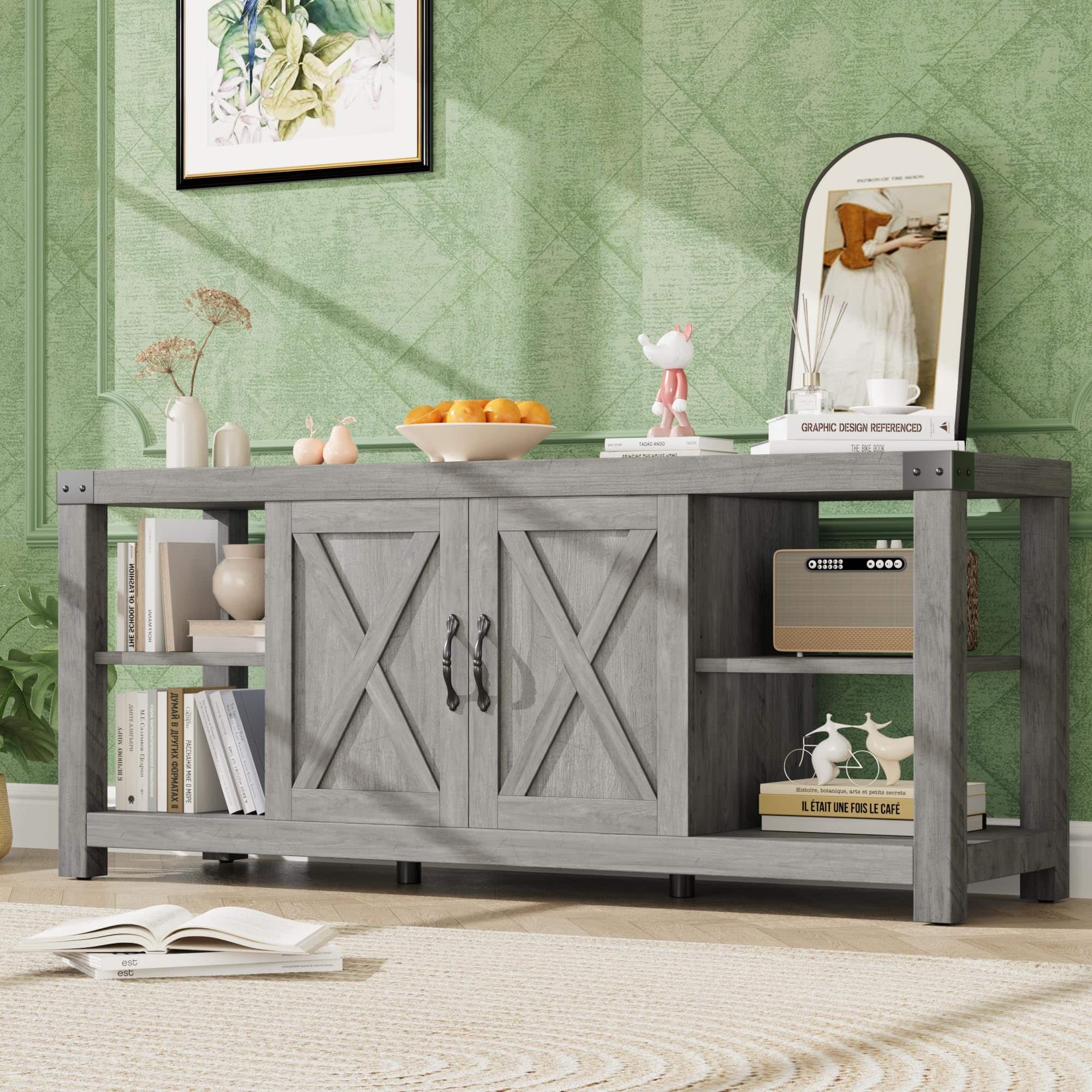 Acekool - TV Stand for 65 in TV, Farmhouse Entertainment Center with Storage, 60 in TV Console Table with Shelves - Gray