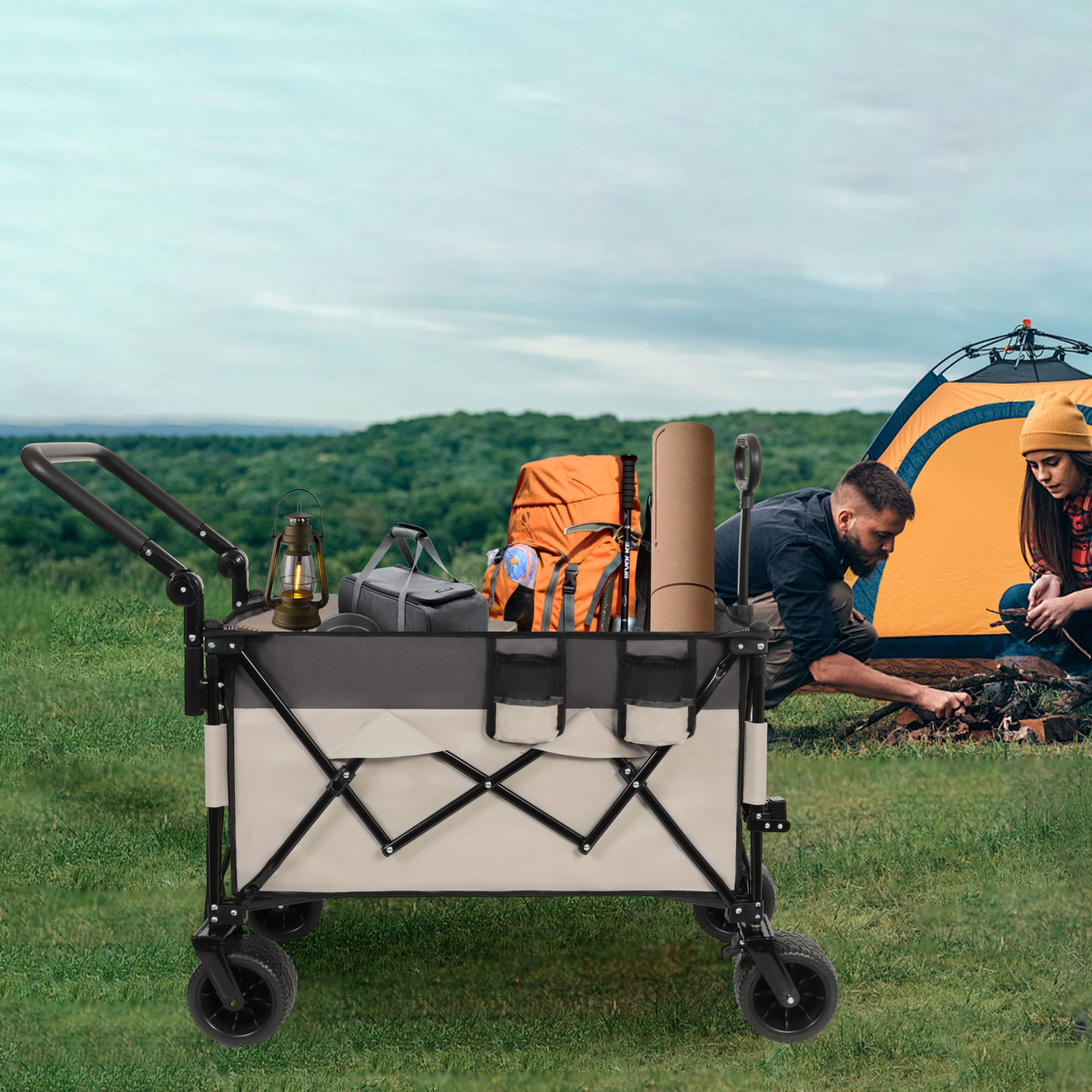 Alt View 7. Ecooso - Multi-Functional Folding Wagon Cart, Rotating Handle, All-Terrain Wheels, Large Capacity for Groceries and Outdoor Use - Gray & khaki.