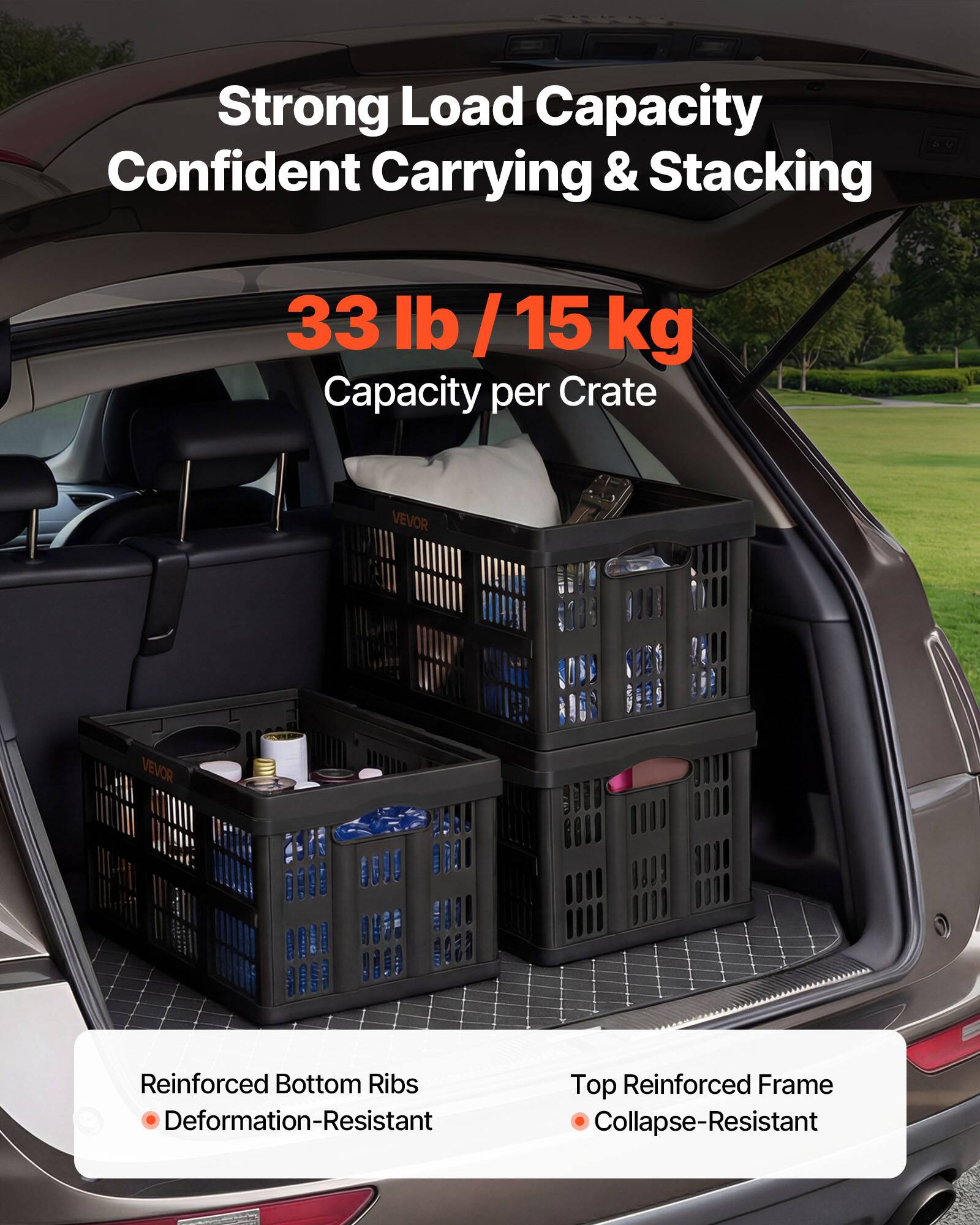 Strong Load Capacity  
Confident Carrying & Stacking  

33 lb / 15 kg  
Capacity per Crate  

Reinforced Bottom Ribs  
• Deformation-Resistant  

Top Reinforced Frame  
• Collapse-Resistant