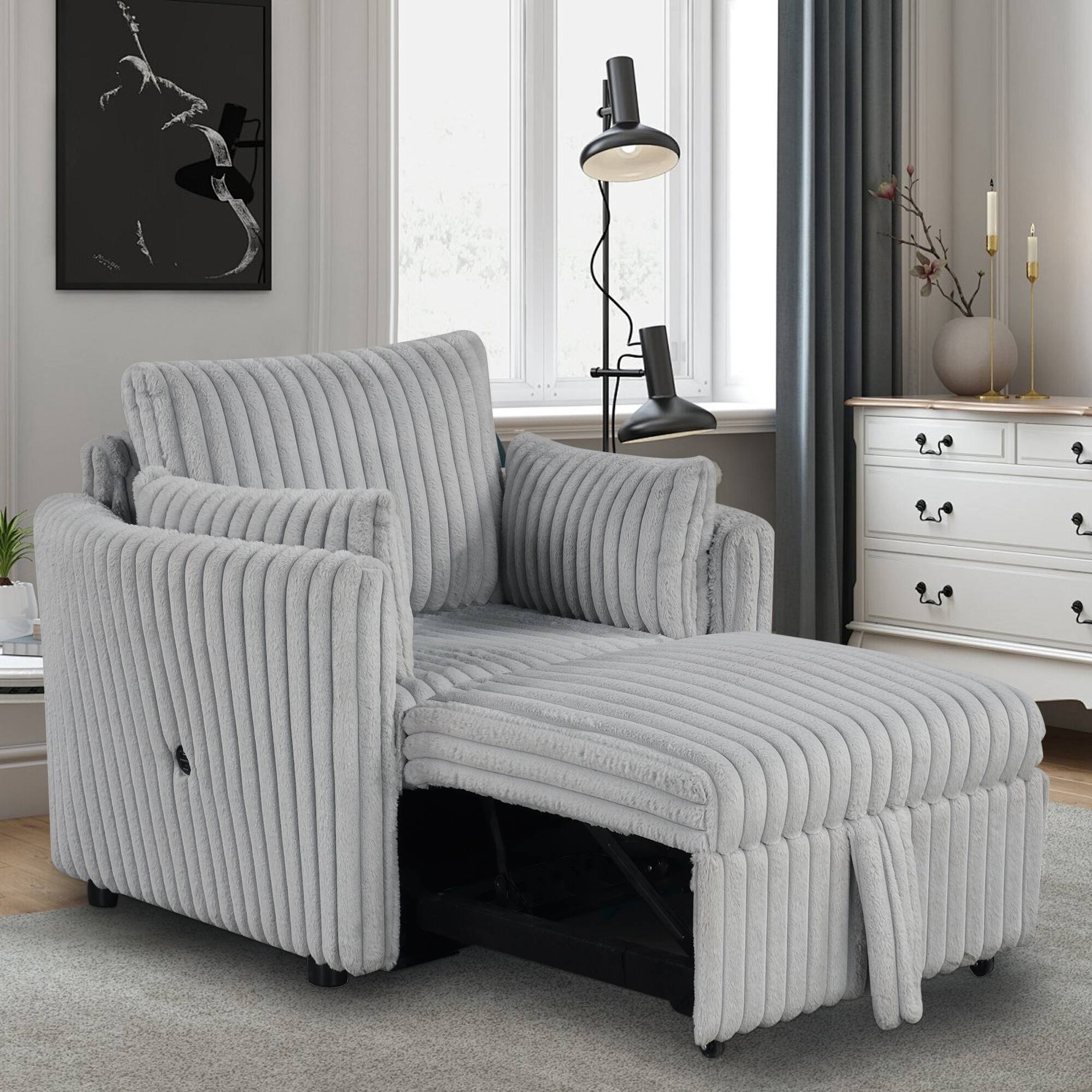 Angle. Vaczon - Space-Saving Pull-Out Sleeper Chair Bed with Built-In USB Ports and Plush Pillows for Home, Dorm or Apartment - Gray.