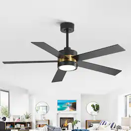 Breezary - 52-In Indoor Ceiling Fan with Led Light, 5 Plywood Blades, 6-Speed DC Motor, Remote, Timer with Memory, 5/10'' Downrods - Black/Gold