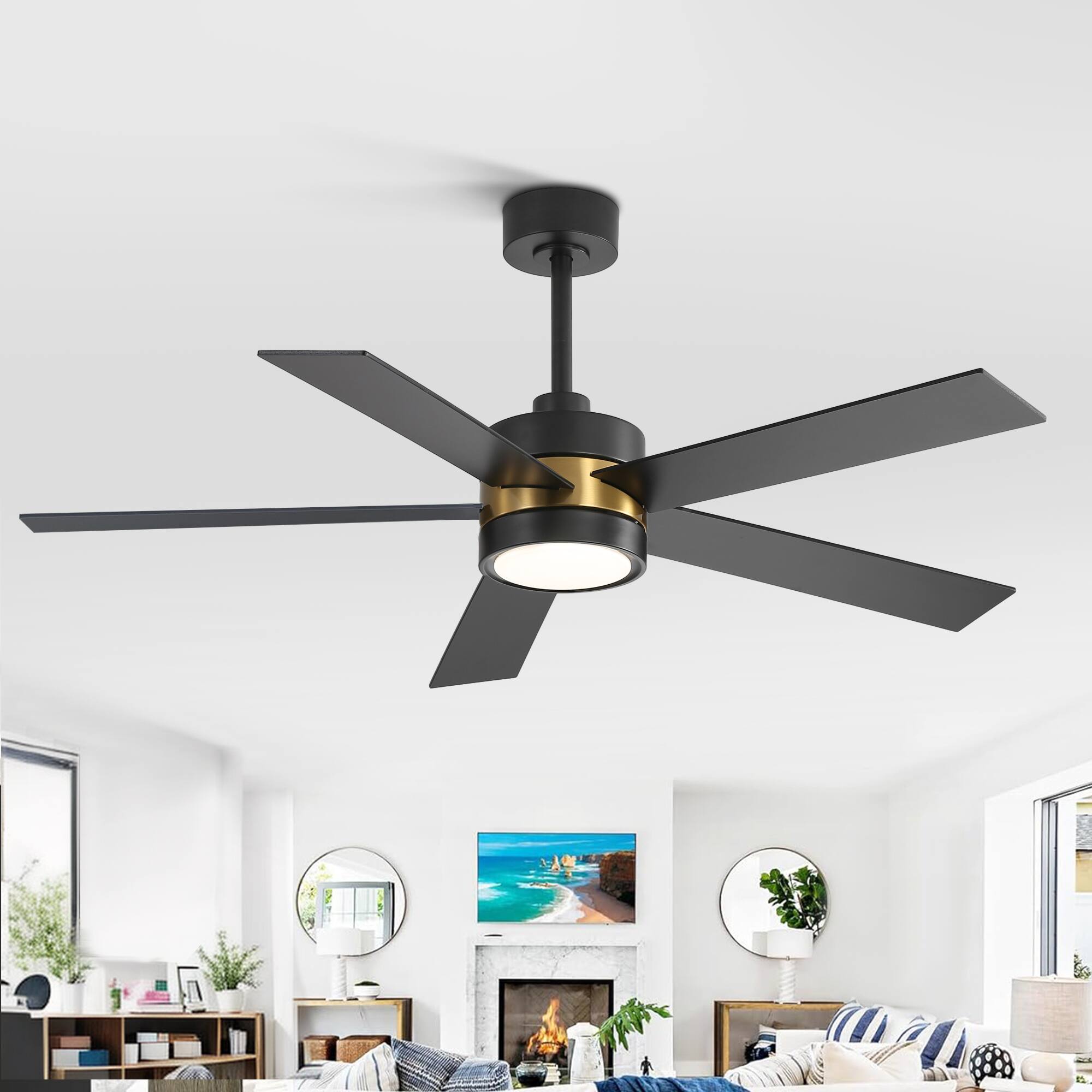 Breezary - 52-In Indoor Ceiling Fan with Led Light, 5 Plywood Blades, 6-Speed DC Motor, Remote, Timer with Memory, 5/10'' Downrods - Black/Gold