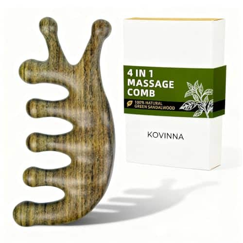 DORLUKFU - Green Sandalwood 4-in-1 Massage Comb & Gua Sha Tool for Scalp, Face & Body – Natural Wooden Comb for Relaxation, Stress