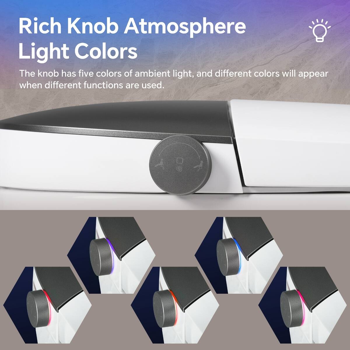 Rich Knob Atmosphere Light Colors

The knob has five colors of ambient light, and different colors will appear when different functions are used.