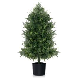 Gymax - 31.5'' Artificial Cedar Topiary Tree Faux Indoor Floor Plant w/ Sturdy Trunk - Green, Black