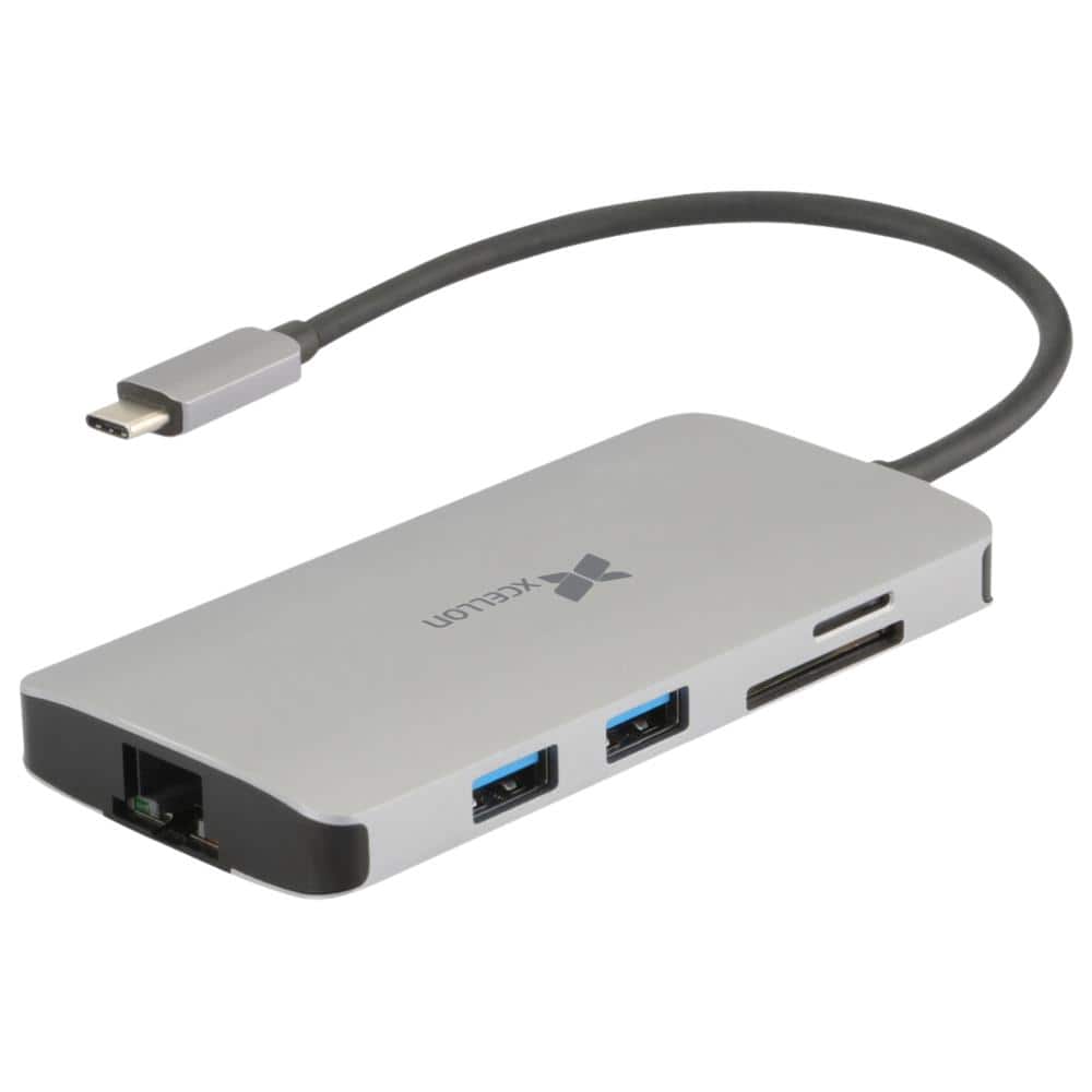 Xcellon - 8-in-1 USB-C Multimedia Hub with HDMI, Gigabit Ethernet, SD Card Reader and USB 3.2 Ports - Gray