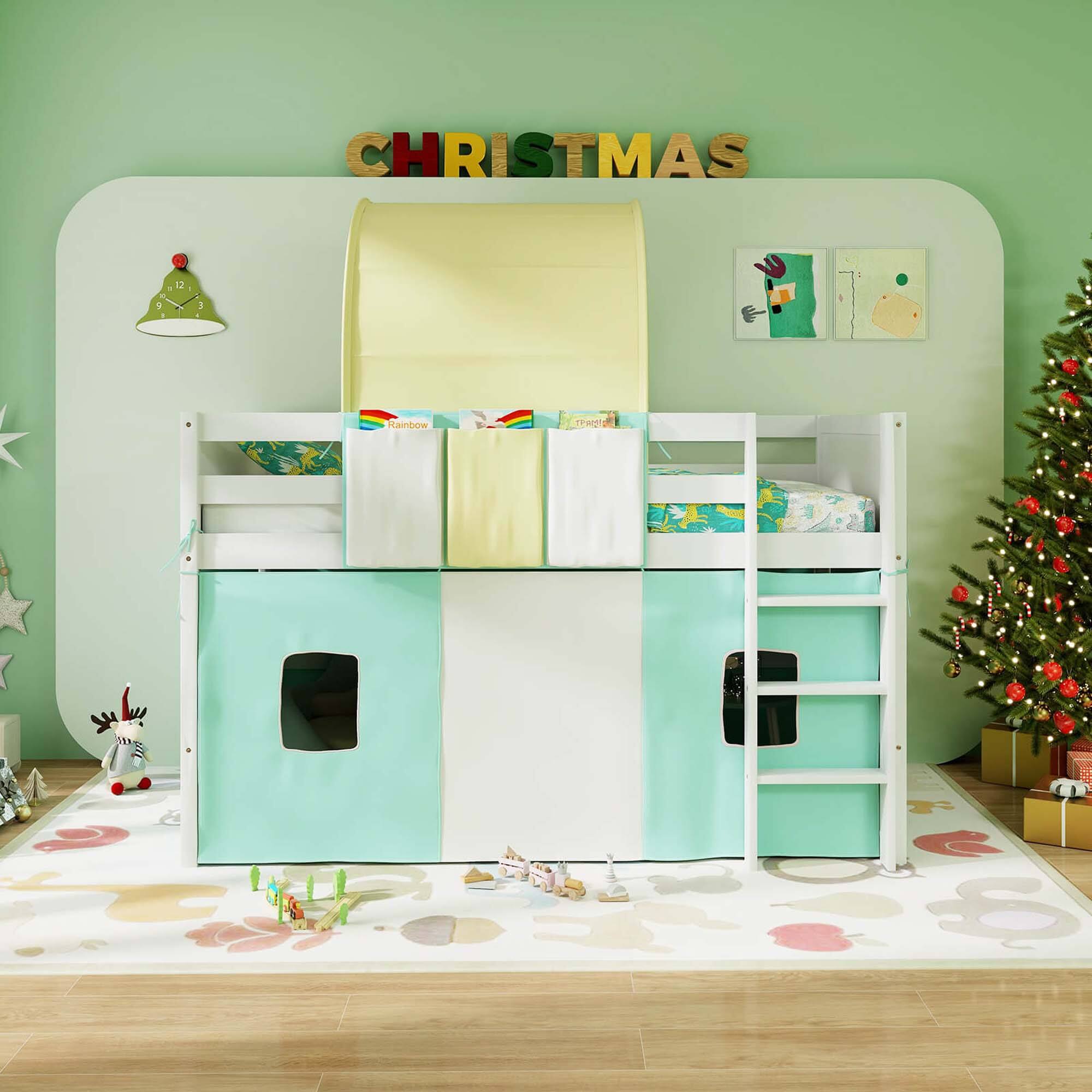 Alt View 1. Costway - Costway Twin Loft Bed with Tower & Tent 3 Storage Pockets Safety Guardrail and Ladder - Turquoise,White.