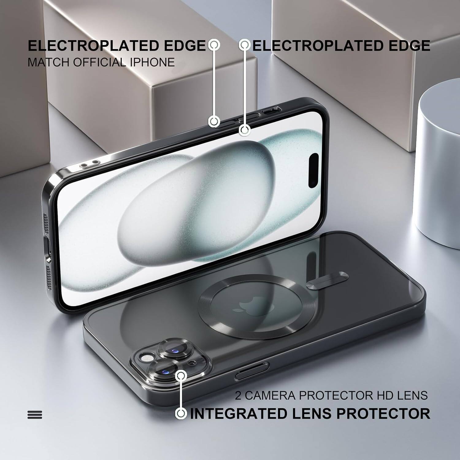 ELECTROPLATED EDGE, ELECTROPLATED EDGE, MATCH OFFICIAL IPHONE, 2 CAMERA PROTECTOR HD LENS, INTEGRATED LENS PROTECTOR
