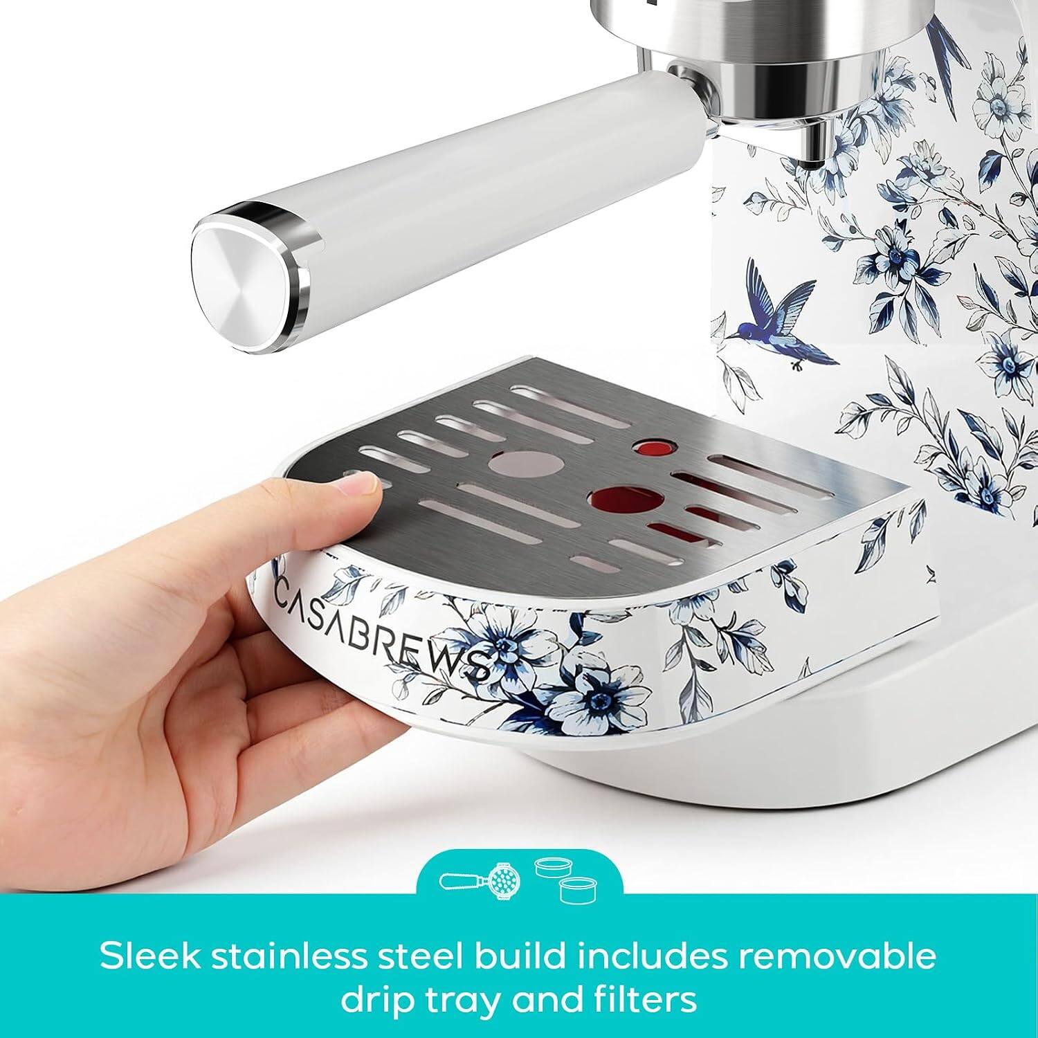 CASABREWS Sleek stainless steel build includes removable drip tray and filters