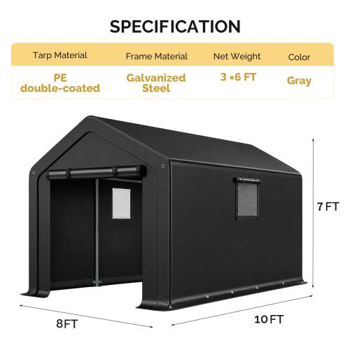SPECIFICATION  
Tarp Material: PE double-coated  
Frame Material: Galvanized Steel  
Net Weight: 3 * 6 FT  
Color: Gray  
Dimensions: 7 FT, 8 FT, 10 FT