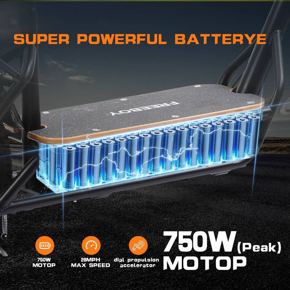 SUPER POWERFUL BATTERY

750W (Peak) MOTOP

28MPH MAX SPEED

dial propulsion accelerator