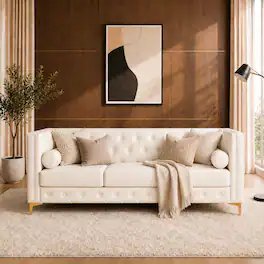 Meqiodas - 78.5" Faux Leather Sofa Couch for Living Room, Luxury Button Tufted 3 Seater Sofa with Gold Metal Legs and Pillows - White