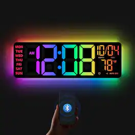 Wikistore - 16" Digital Wall Clock with RGB Color Changing Night Light Bluetooth Auto Time Sync Dual Alarm for Living Room Office - Black