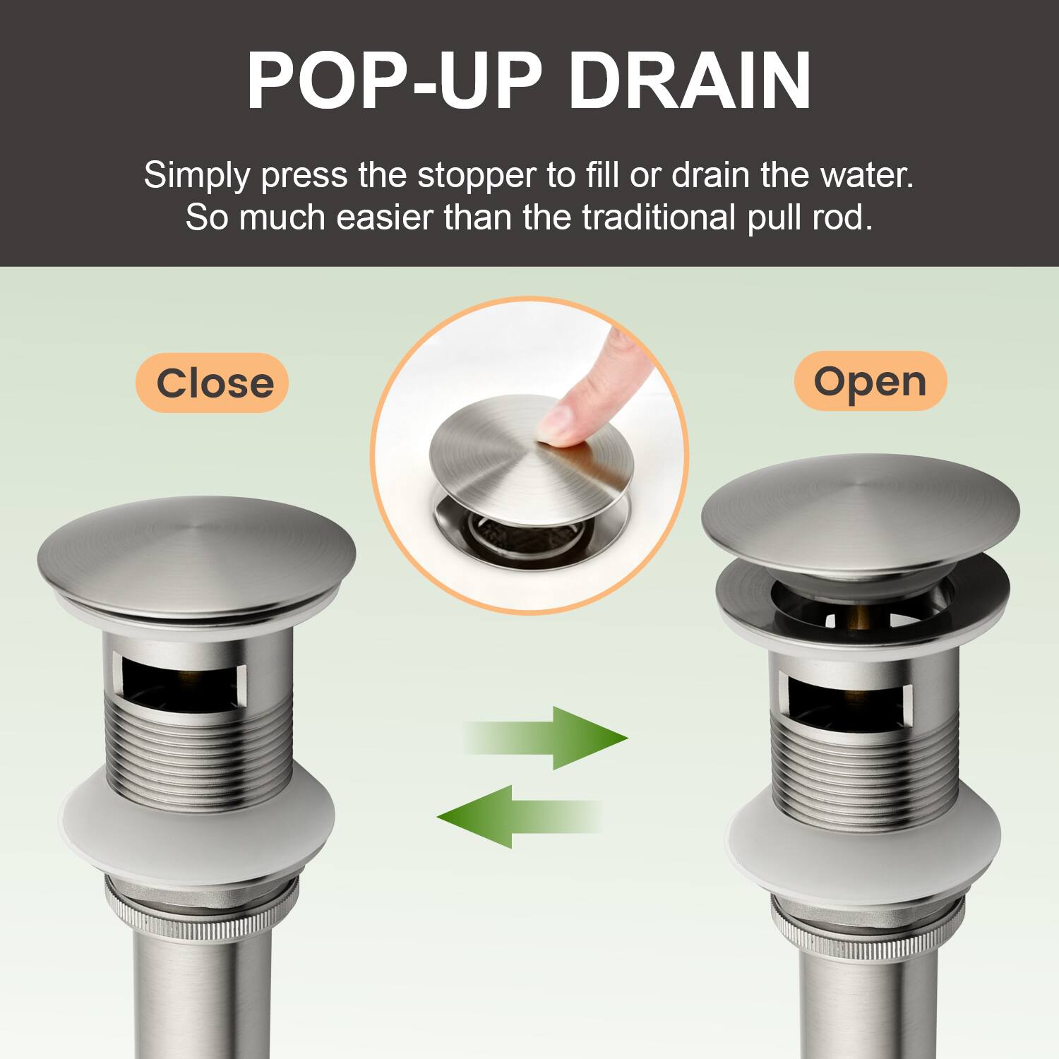 POP-UP DRAIN

Simply press the stopper to fill or drain the water. So much easier than the traditional pull rod.

Close Open
