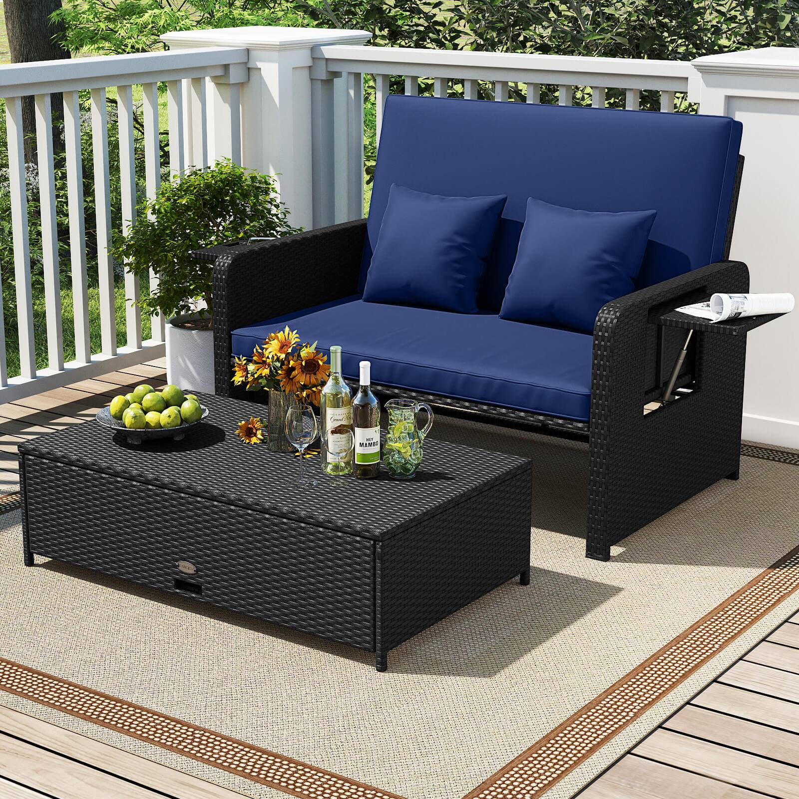 Alt View 3. Costway - Costway 2 PCS PE Wicker Outdoor Daybed with 4-Level Adjustable Backrest, Storage Ottoman - Navy,Black.