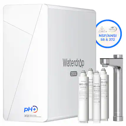 The text on the image can be grouped and corrected as follows:
- **Waterdrop**
- **1200G**
- **NSF/ANSI 58 & 372**
- **Waterdrop X12 Reverse Osmosis System**
- **WD-F2 Carbon Block Filter**
- **WD-F1A Alkaline Filter**
- **pH+**
- **Waterdrop never misses a drop**
This text highlights the product's features and certifications.