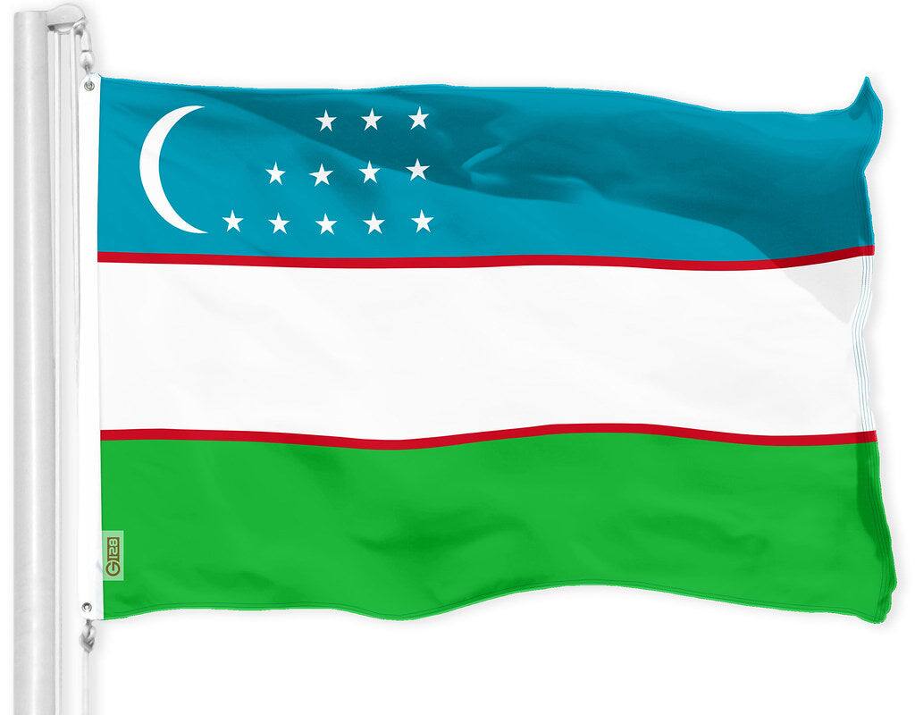 Front. G128 - Uzbekistan Flag 3x5 ft Printed 150D Polyester Indoor/Outdoor with Brass Grommets. - Assorted Colors.