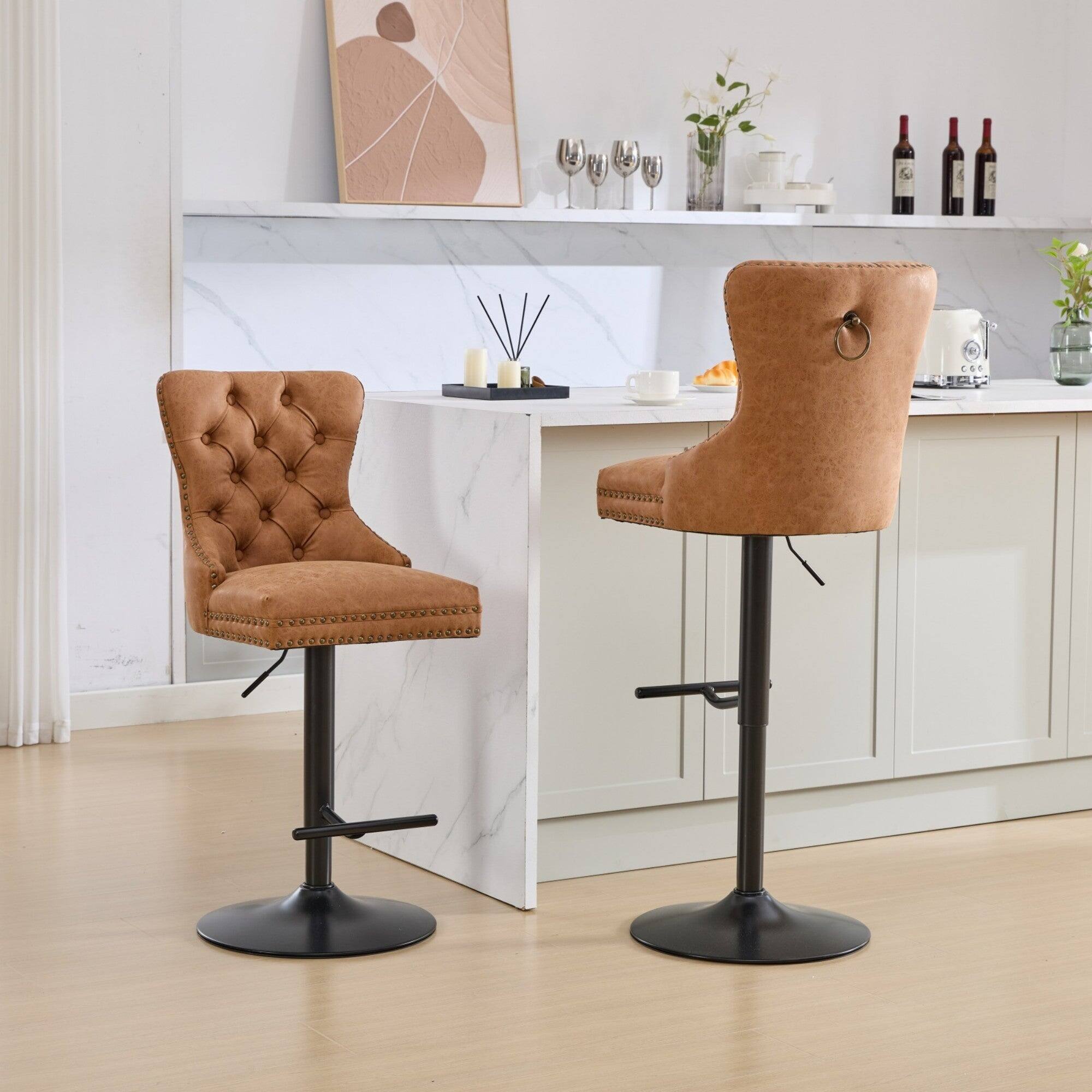 Back. Boyel Living - Adjustable Swivel Bar Stools Set of 2 with Upholstered Back - Orange.