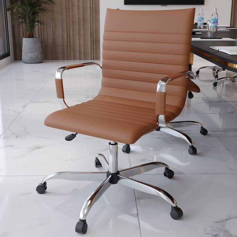 Angle. LeisureMod - Harris Mid-Back Leather Office Chair Adjustable Height Tilt Computer Task Chair with 360-Degree Swivel - Light Brown.