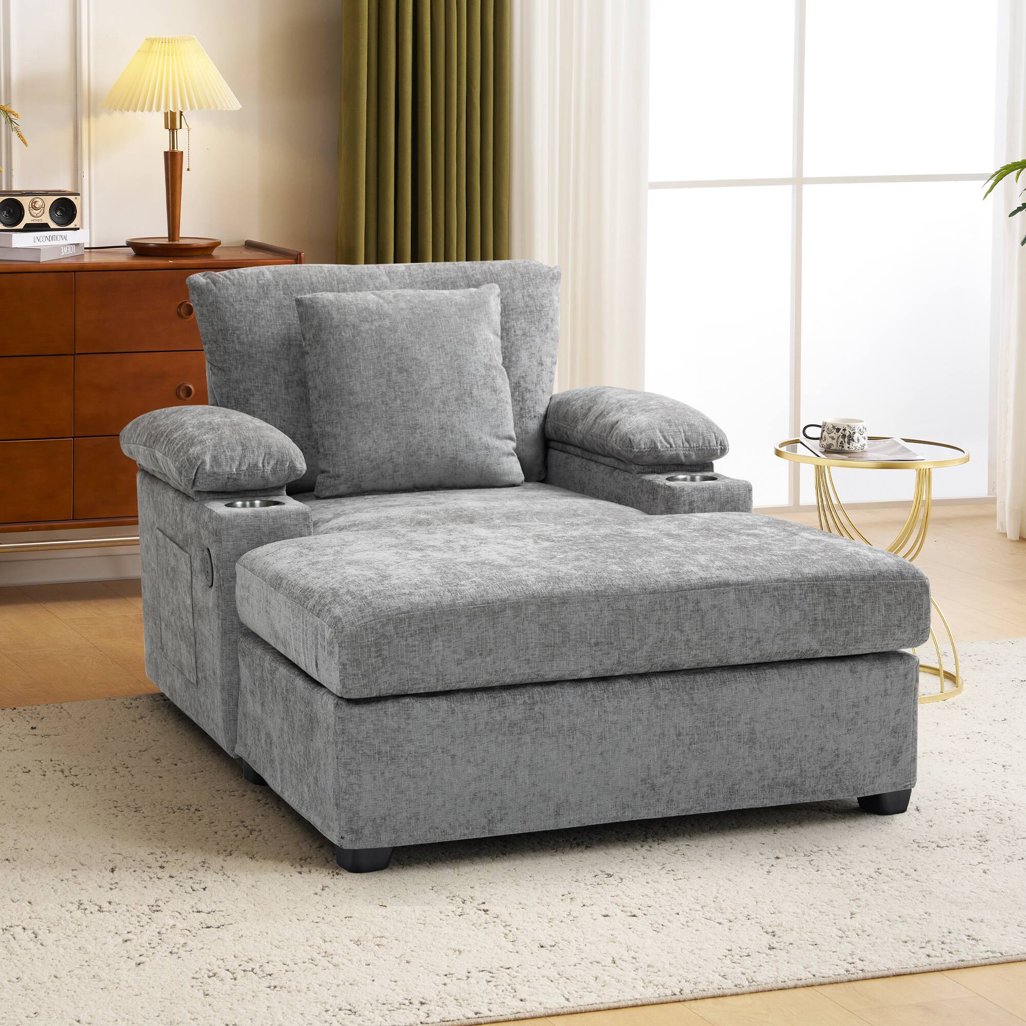 Alt View 4. Ecooso - Oversized Chair with Ottoman, Chenille Fabric Sofa Bed, Accent Chair with Cupholders and USB Charging Ports - Grey.