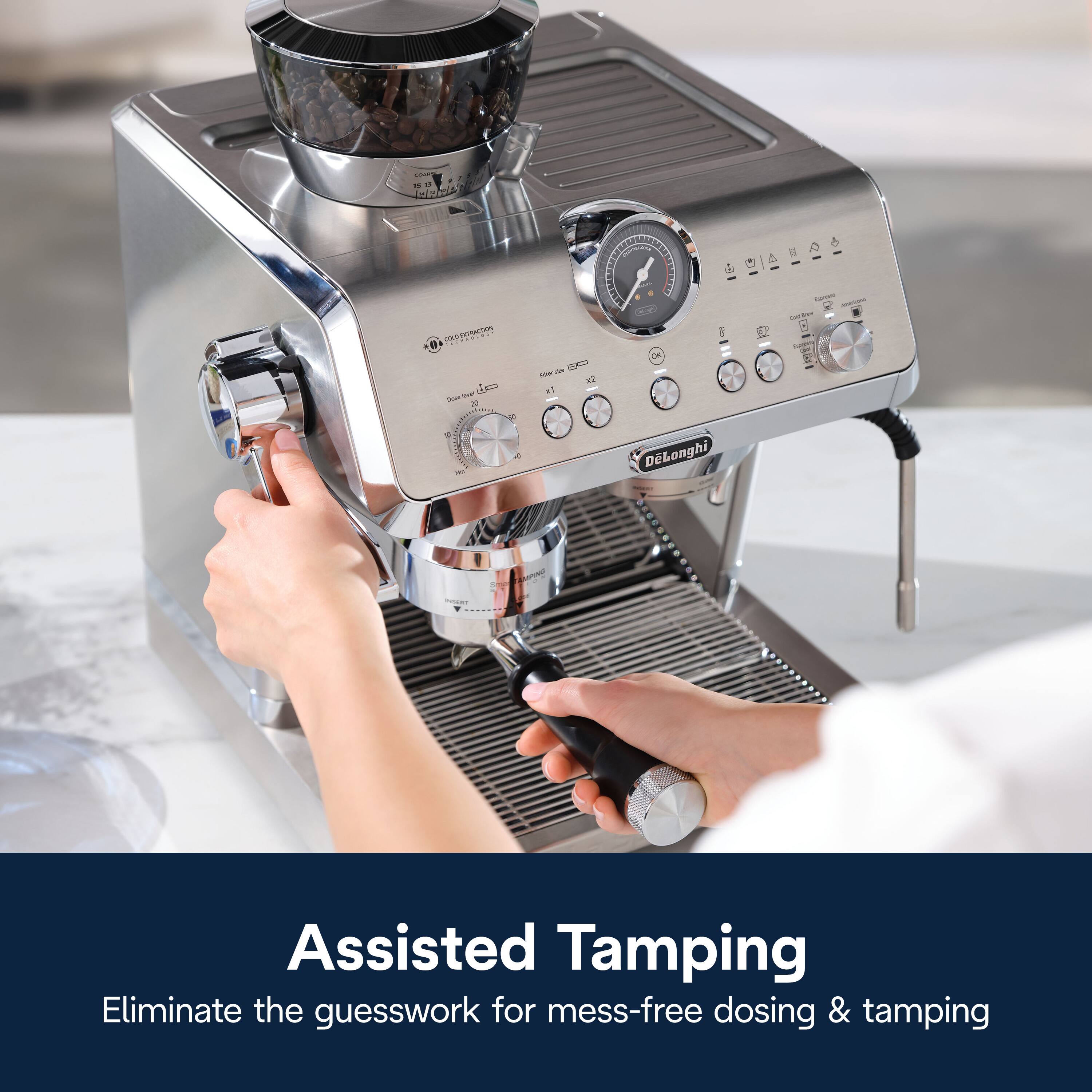 Assisted Tamping: Eliminate the guesswork for mess-free dosing & tamping.