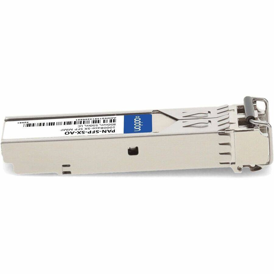 Sure, here is the corrected and grouped text from the image:

- **Product Name:** PAN-SFP-SX-AO
- **Manufacturer:** Avago
- **Part Number:** 10008ase-3X
- **Description:** 1000BASE-SX SFP
- **Wavelength:** 850nm
- **Distance:** 550m
- **Connector:** LC
- **Serial Number:** 123456789012345678901234567890123456789012345678901234567890123456789012345678901234567890123456789012345678901234567890123456789012345678901234567890123456789