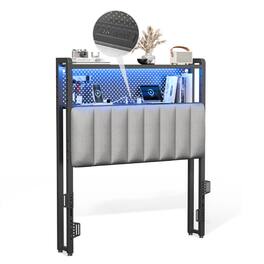Winado - Twin Size Adjustable Upholstered Headboard Only with 2 Tier Shelves and Pegboard with Charging Stations and LED Lights - Dark Gray