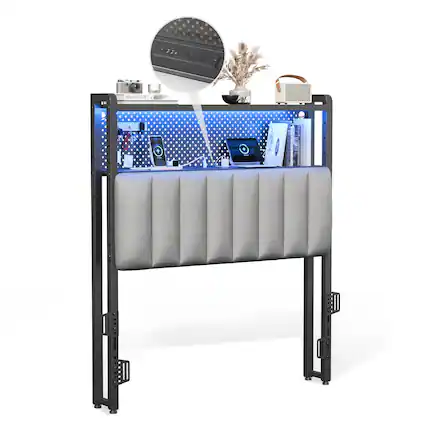 Front. Winado - Twin Size Adjustable Upholstered Headboard Only with 2 Tier Shelves and Pegboard with Charging Stations and LED Lights - Dark Grey.