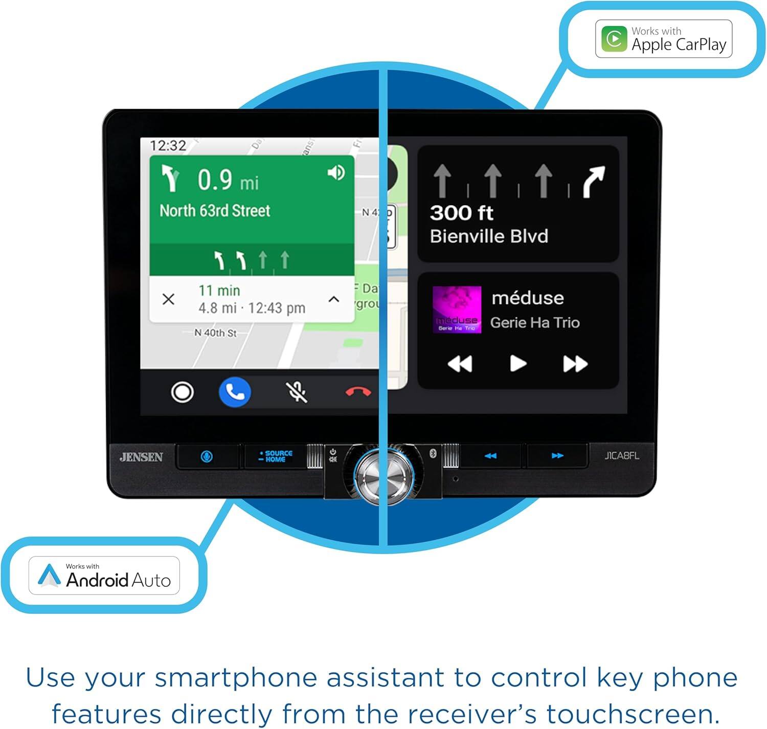 Works with Apple CarPlay

12:32  
0.9 mi  
North 63rd Street  
11 min  
4.8 mi  
12:43 pm  
N 40th St

300 ft  
Bienville Blvd

méduse  
Gerrie Ha Trio

Works with Android Auto

Use your smartphone assistant to control key phone features directly from the receiver's touchscreen.
