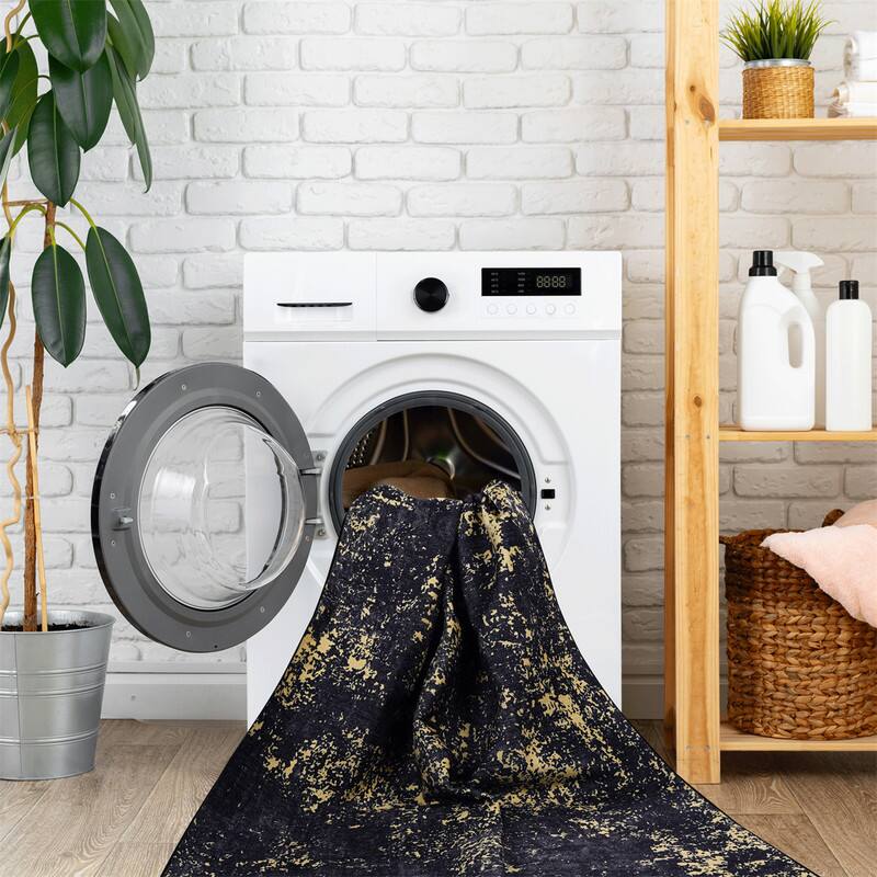 Alt View 2. HTUTWOO - Washable Rug 8x10 - Chenille Low Pile, Machine Washable, Non-Slip TPR Backing, Stain Resistant, Living Room Bedroom - Black Gold.