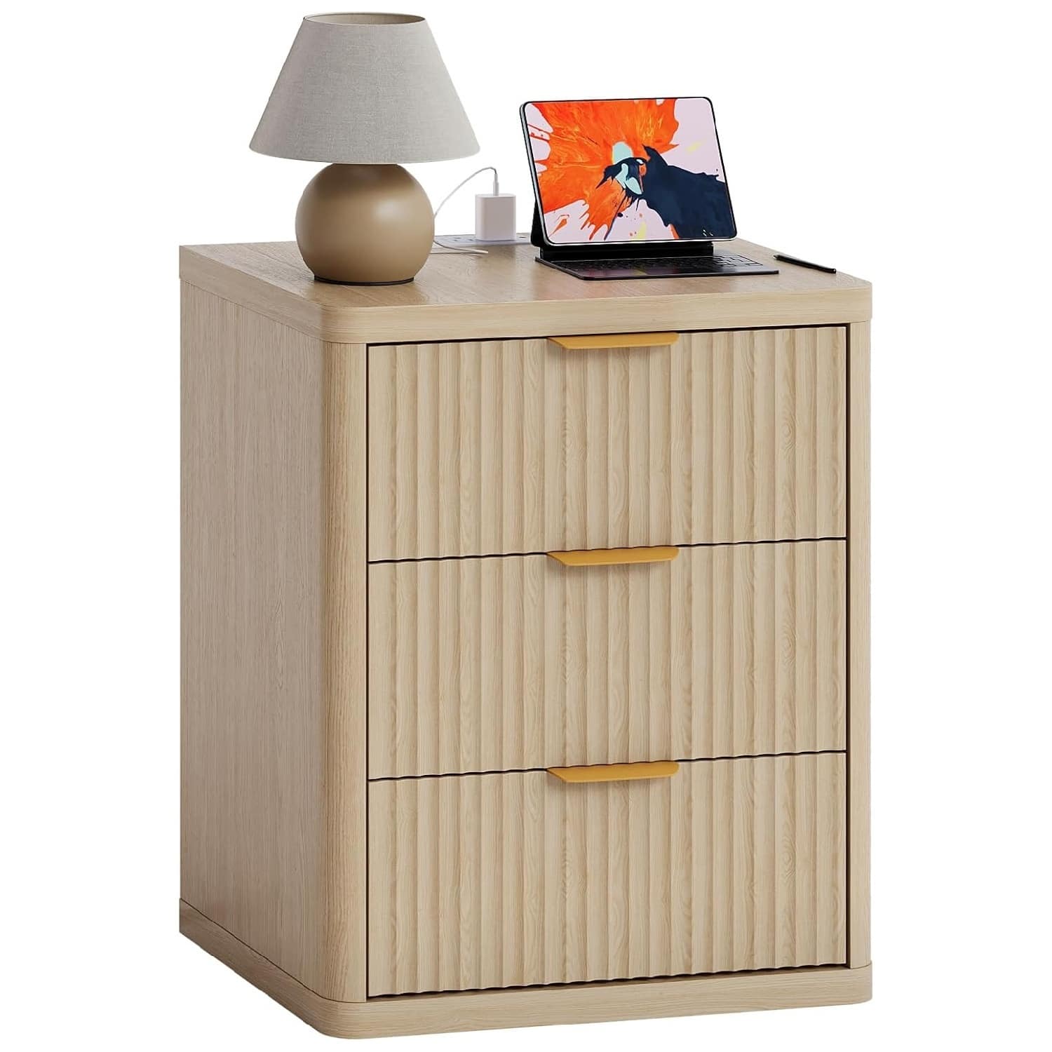 GARVEE - Fluted Nightstand with Charging Station, Bedside Table with 3 Drawers and Open Storage Space, Color 1pcs - Natural