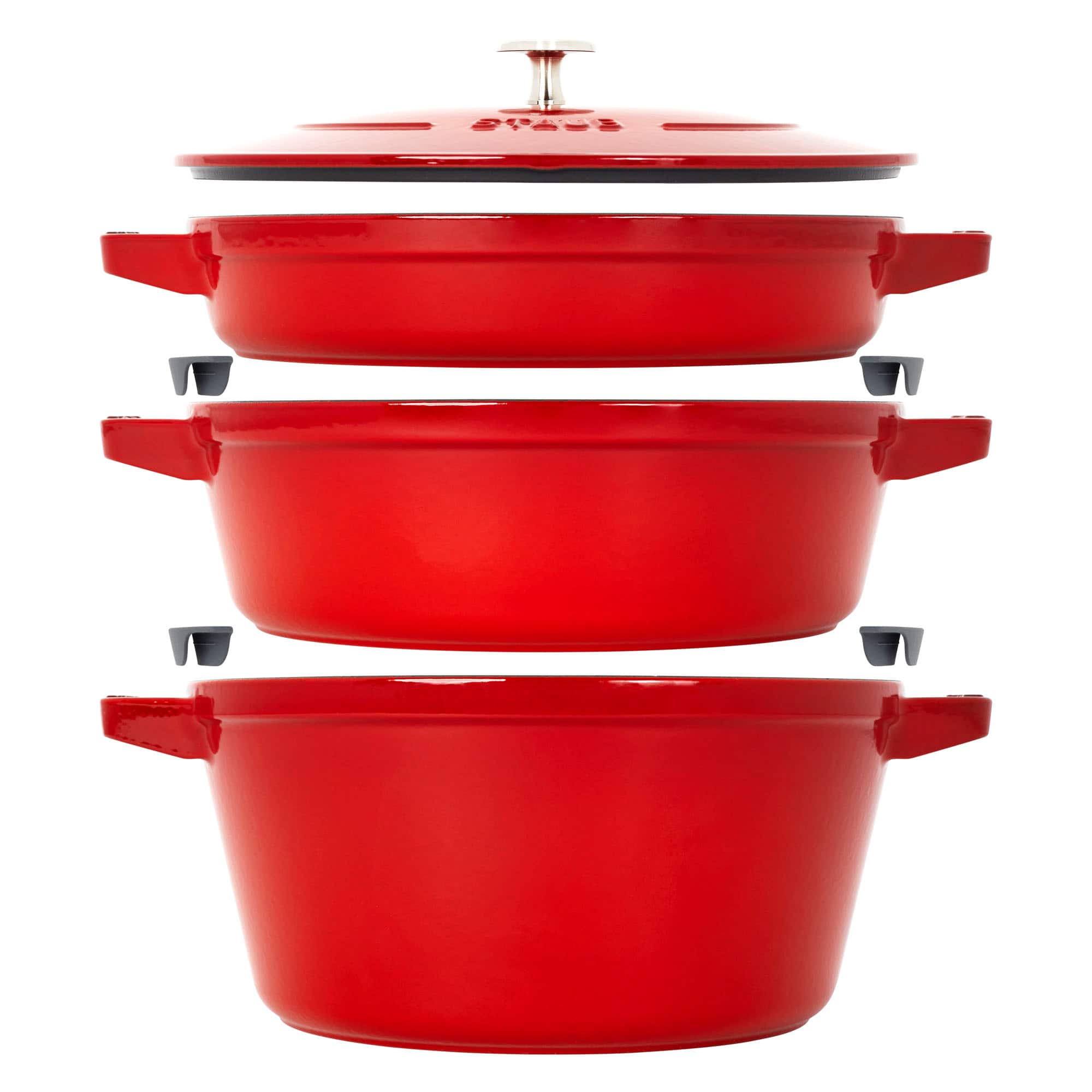 Front. Staub - STAUB Cast Iron Set 4-pc, Stackable Space-Saving Cookware Set, Dutch Oven with Universal Lid, Made in France, Cherry - Cherry.
