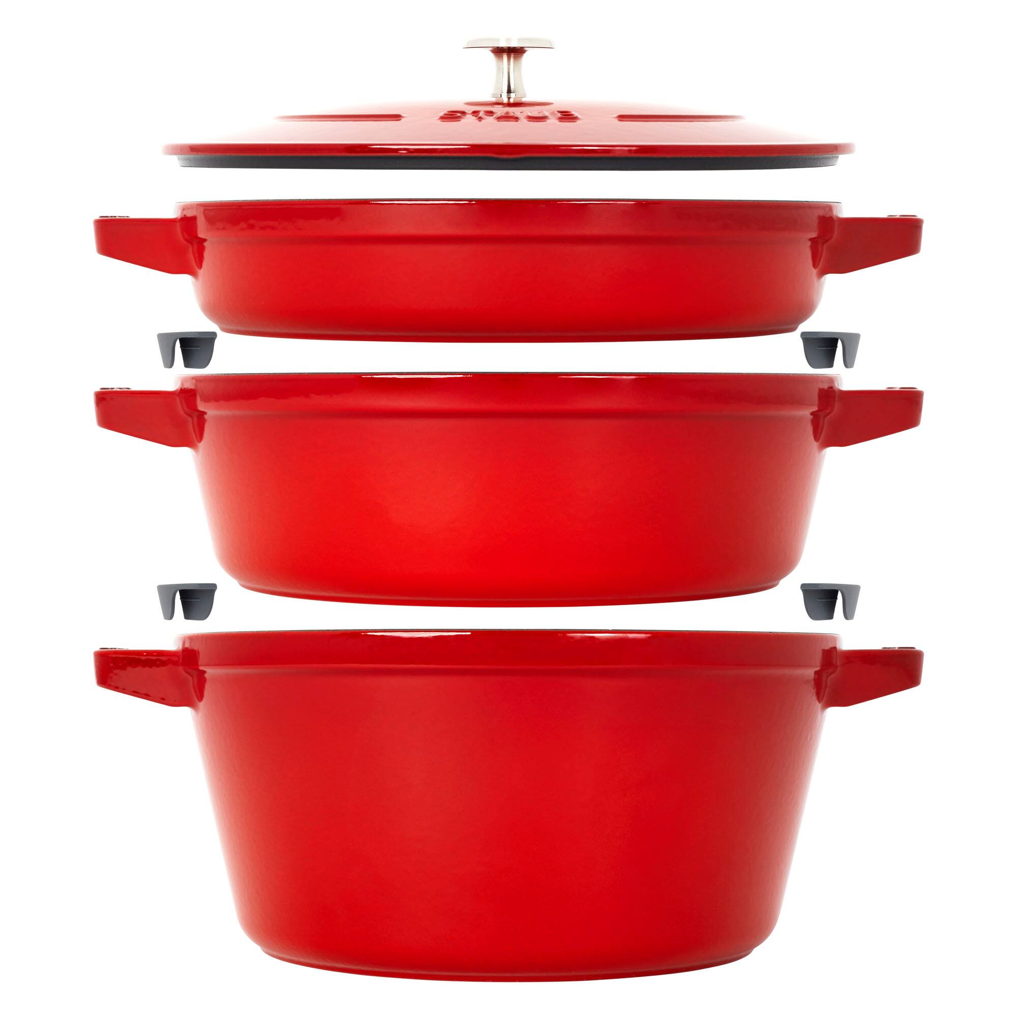 Staub - Cast Iron Set 4-pc, Stackable Space-Saving Cookware Set, Dutch Oven with Universal Lid, Made in France - Cherry