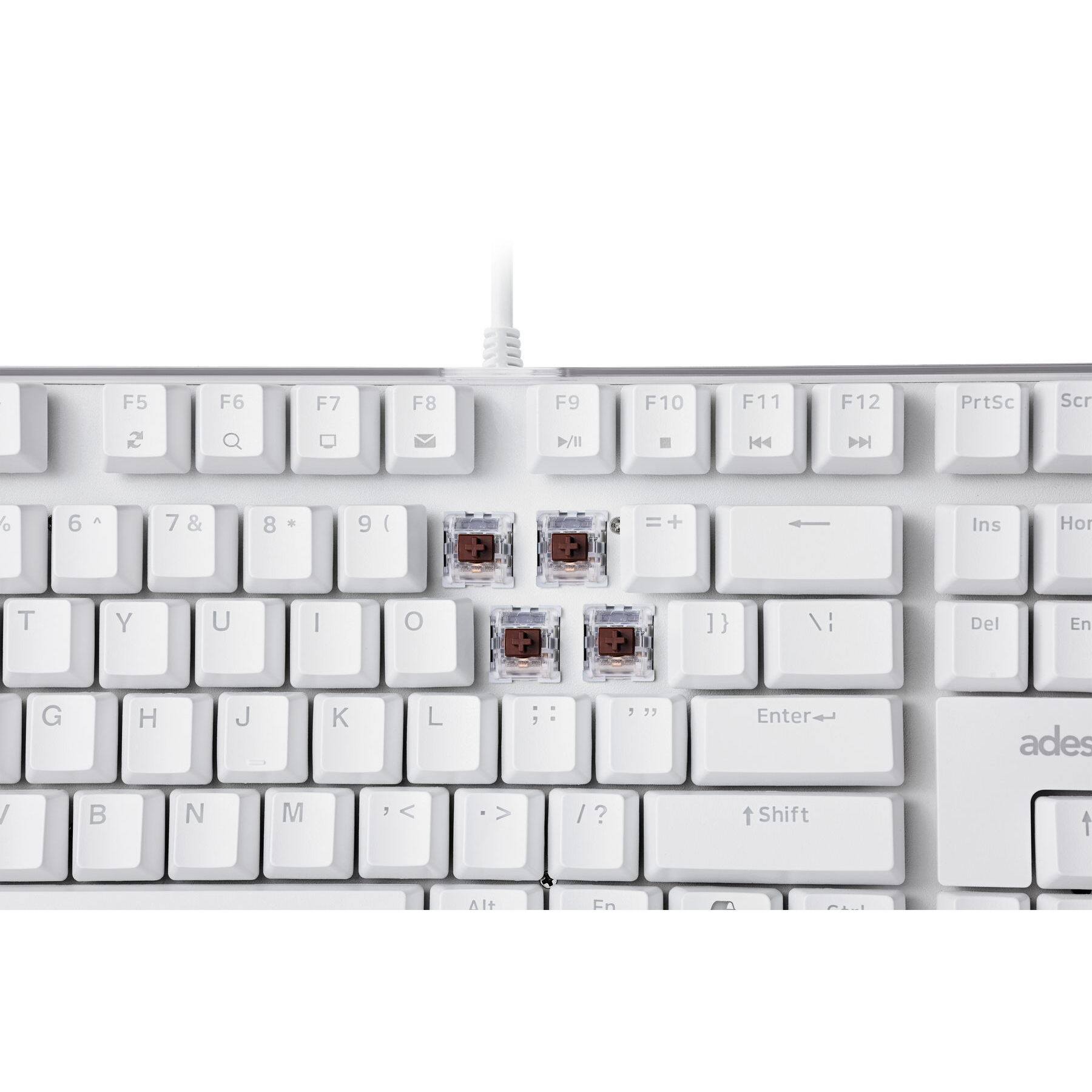 The text on the image is a keyboard layout, which shows the positions of the keys. The keys are grouped as follows:

1. Function keys (F1 to F12)
2. Numeric keys (0 to 9)
3. Alphanumeric keys (A to Z and a to z)
4. Punctuation and special keys (including the Enter key)

The image shows a white keyboard with the keys labeled, indicating their positions and functions.