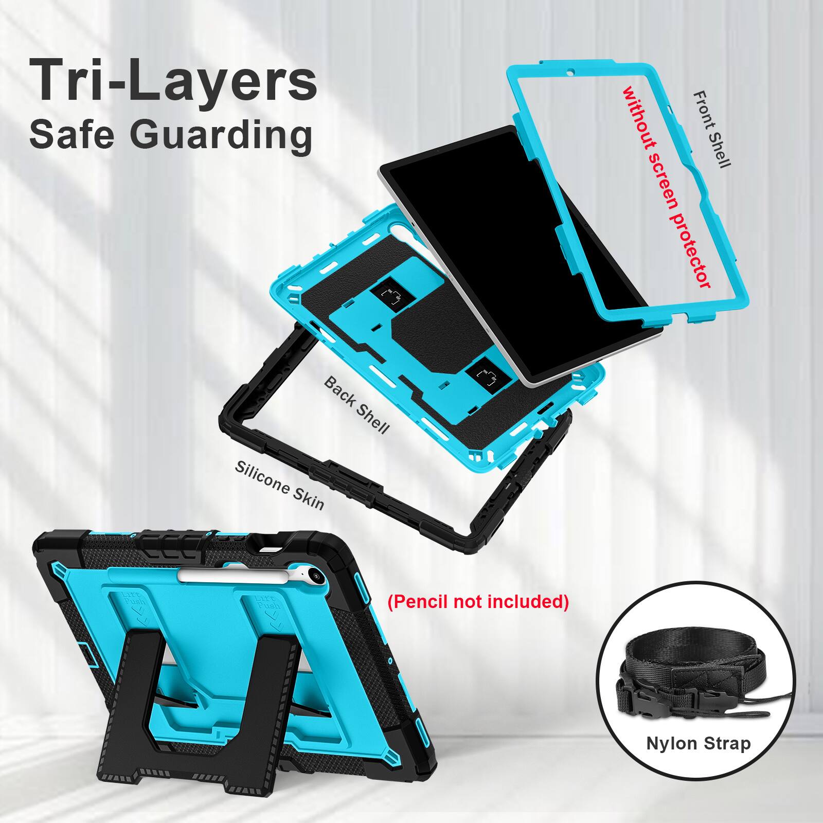 Tri-Layers Safe Guarding without Front Shell screen protector Back Shell Silicone Skin I FTT Yoo NTO Pe (Pencil not included) Nylon Strap