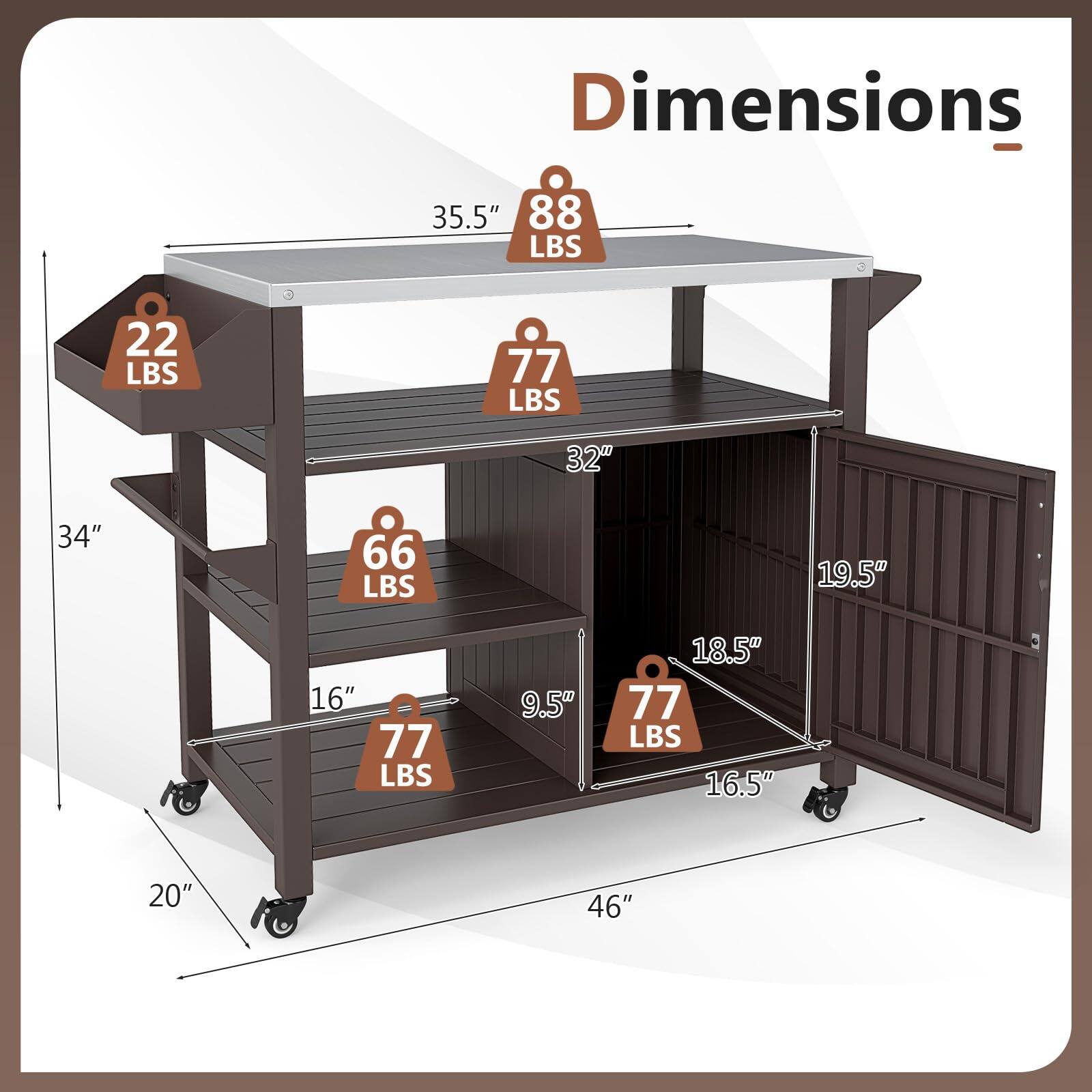 Dimensions:  
- 35.5"  
- 88 LBS  
- 22 LBS  
- 77 LBS  
- 32"  
- 34"  
- 66 LBS  
- 19.5"  
- 16"  
- 77 LBS  
- 9.5"  
- 18.5"  
- 77 LBS  
- 16.5"  
- 20"  
- 46"