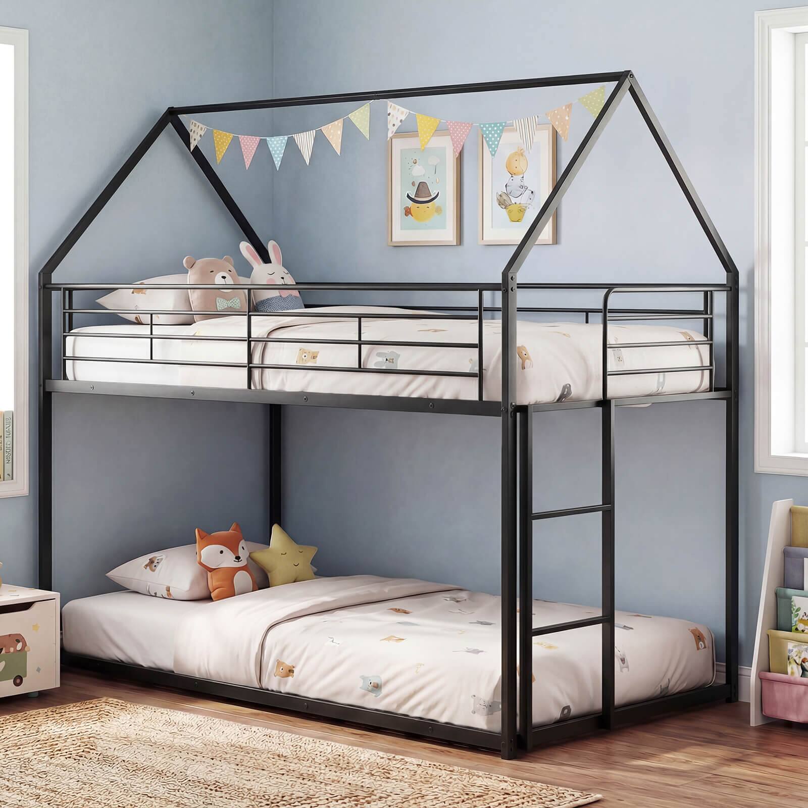 Alt View 4. Costway - Costway Twin Over Twin Metal Bunk Bed, House Shaped Floor Bunk Bed Frame with Roof & Ladder - Black.