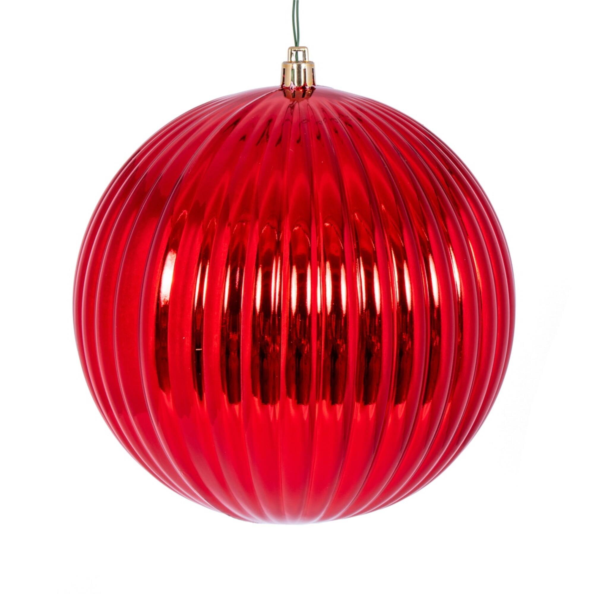 Front. Vickerman - 6" Red Shiny Lined Ball Ornament 4 per Bag - Red.