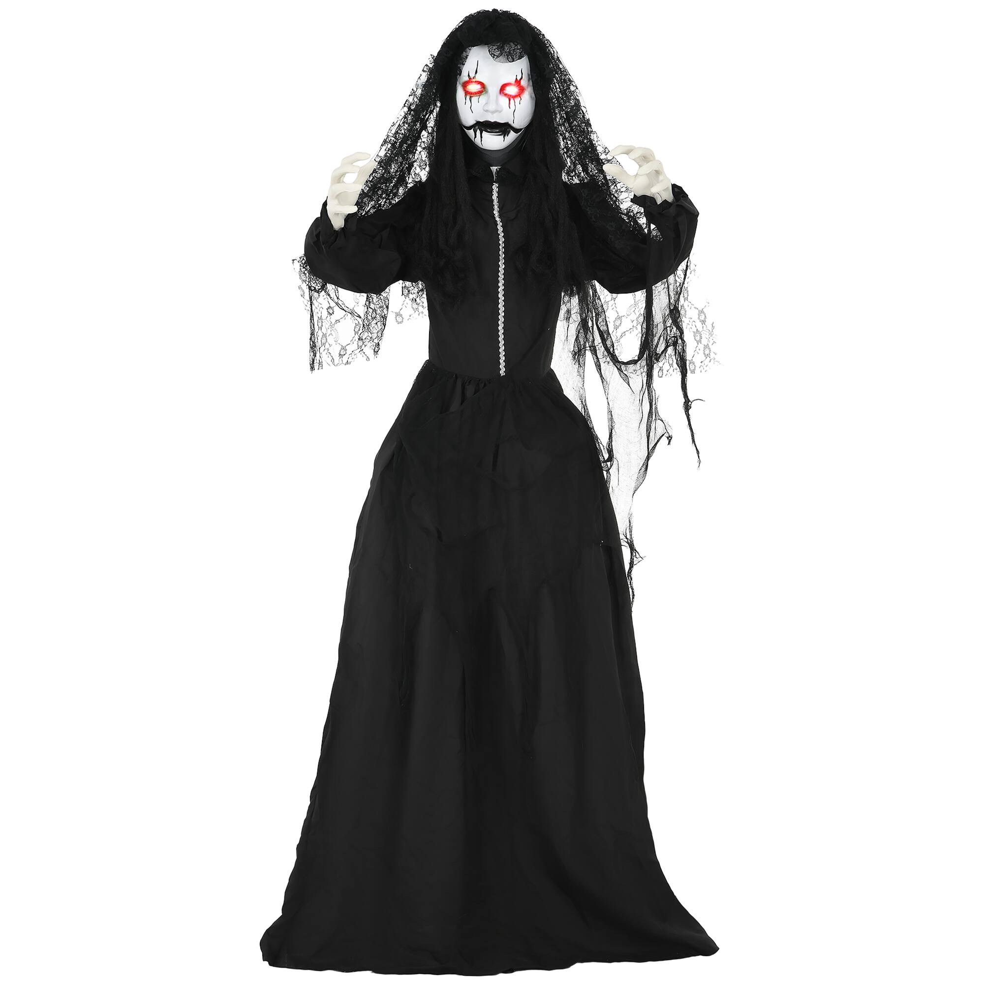 Front. Ecooso - Sound-Activated Animated Zombie Bride with Glowing Red Eyes and Moving Jaw for Indoor or Covered Outdoor Halloween Décor - Black.