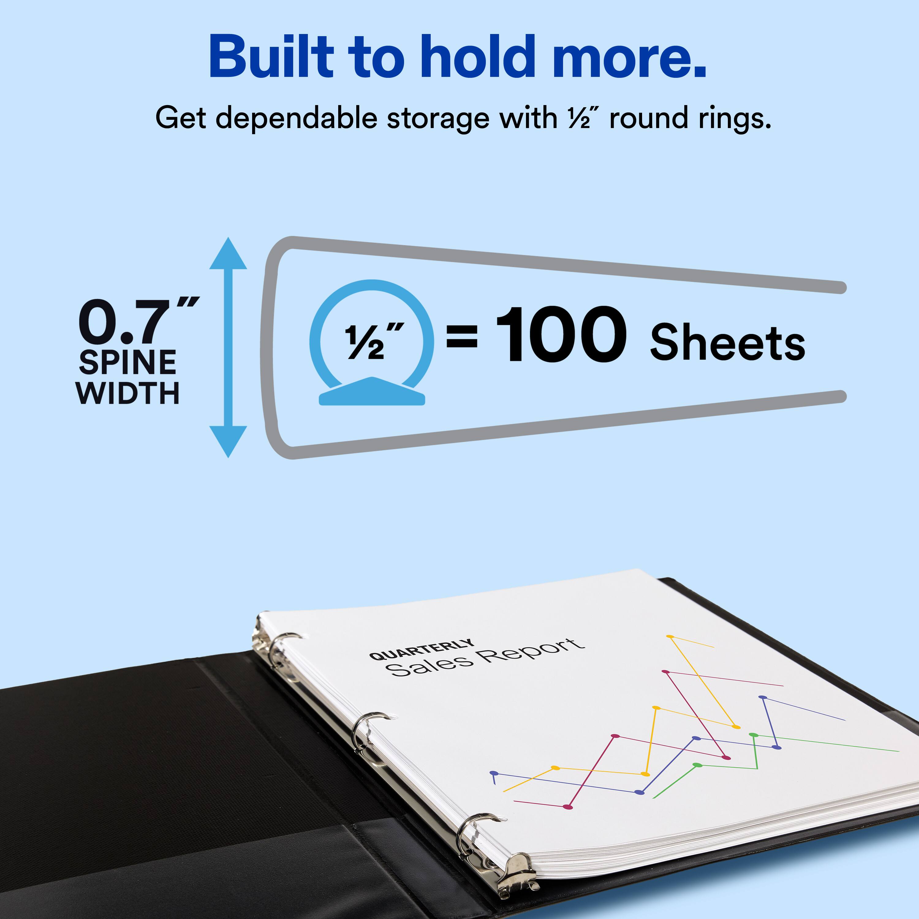 Built to hold more. Get dependable storage with 1/2" round rings.  
0.7" SPINE WIDTH  
1/2" = 100 Sheets  
QUARTERLY Report Sales