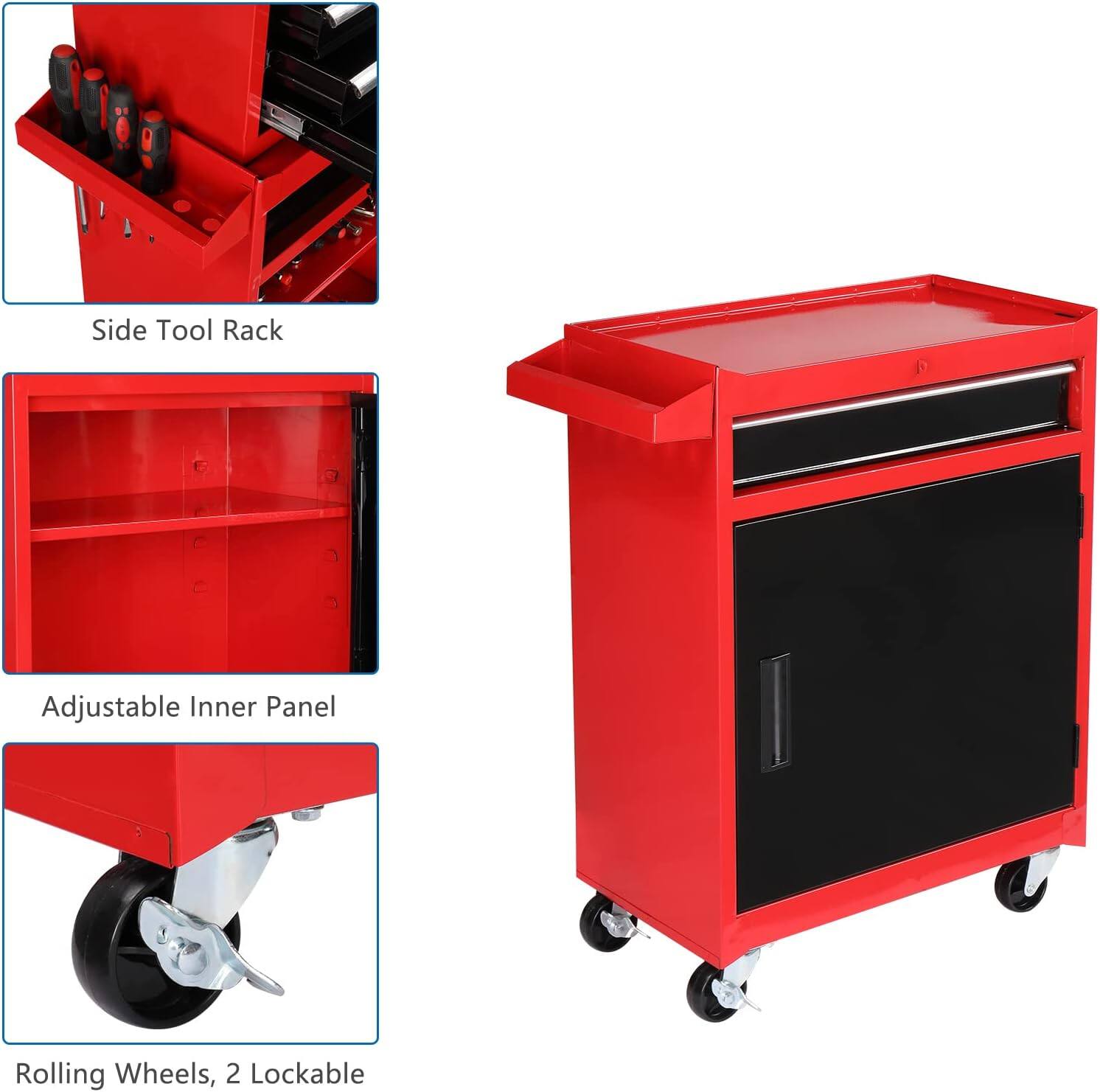 - Side Tool Rack
- Adjustable Inner Panel
- Rolling Wheels, 2 Lockable
