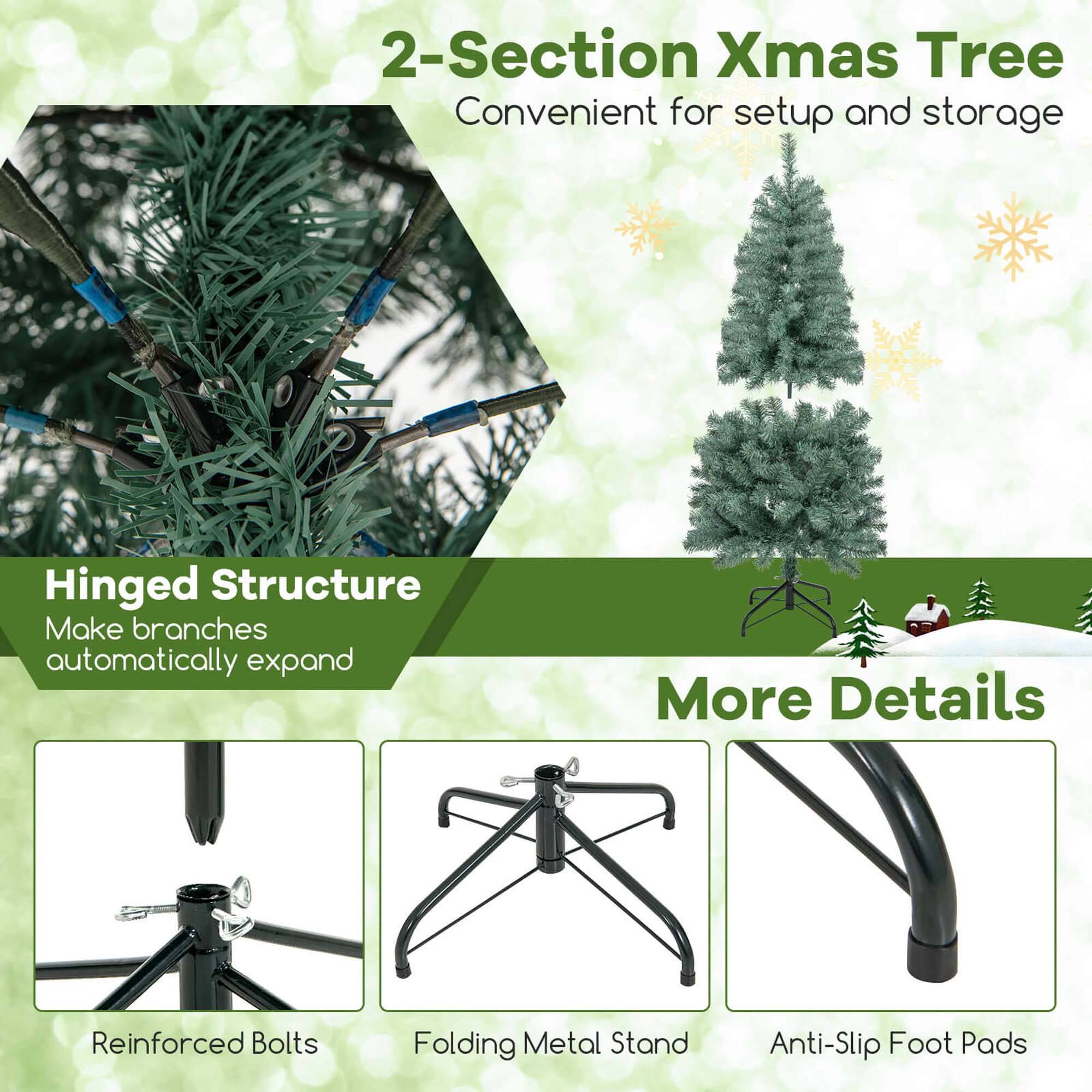 2-Section Xmas Tree: Convenient for setup and storage. Hinged Structure: Makes branches automatically expand. More Details: Reinforced Bolts, Folding Metal Stand, Anti-Slip Foot Pads.