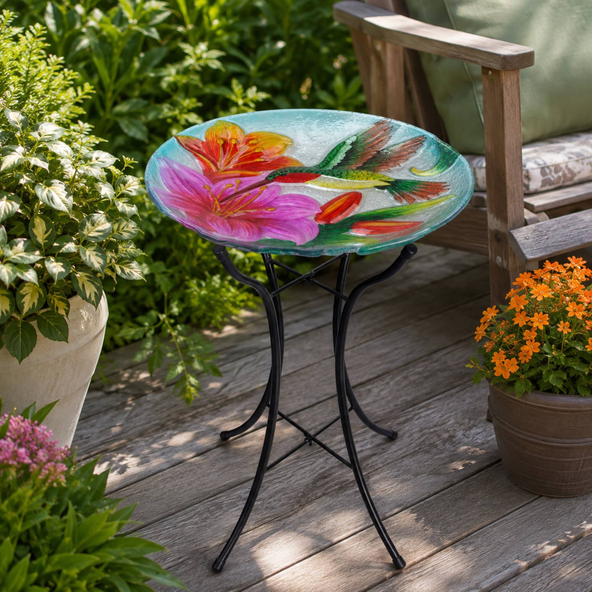 Back. Teamson Home - 18-Inch Hummingbird Glass Bird Bath Bowl.