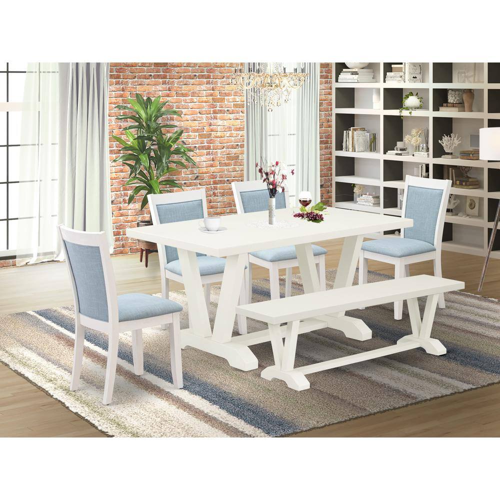 Alt View 3. East West Furniture - V026MZ015-6 6-Pc Table Set Contains a Wood Table - 4 Baby Blue Parson Chairs and a Small Bench - Wire Brushed Linen - Multi-Color.