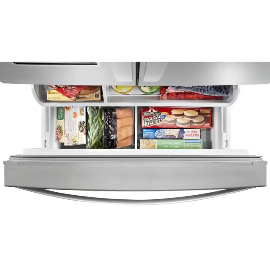 The image features a refrigerator with its door open, revealing a variety of food items inside. There are several packages of food, including Jimmy Dean sausage biscuits, salmon, and green beans. The refrigerator is filled with a mix of different foods, making it a diverse and well-stocked appliance.
