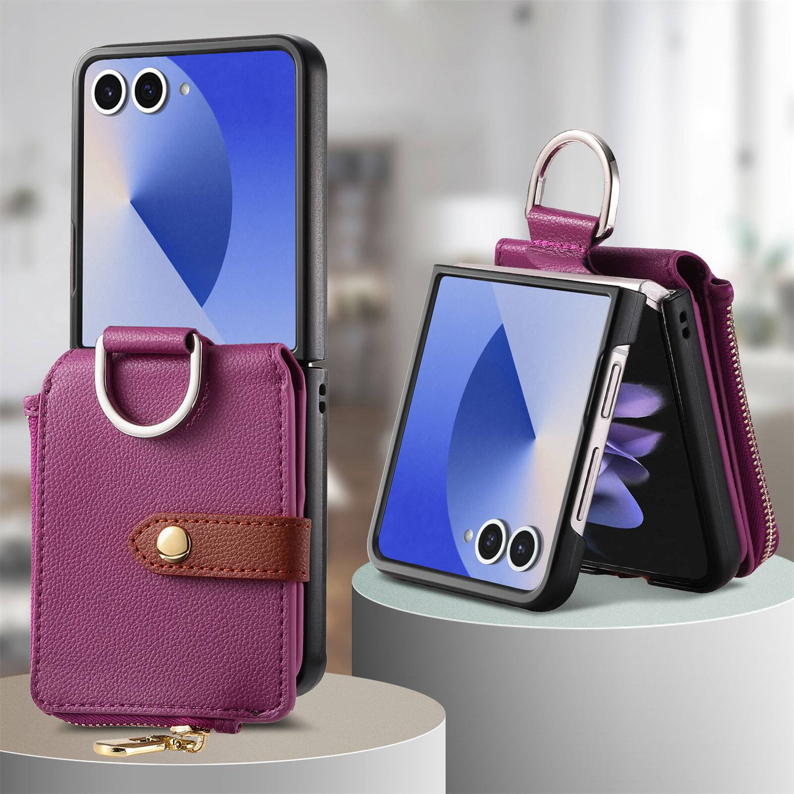 Alt View 5. Dteck - Flip Wallet Case for Samsung Galaxy Z Flip7,Built-in Metal Finger Ring,Shockproof Zipper Pocket PU Leather Cover - Purple.