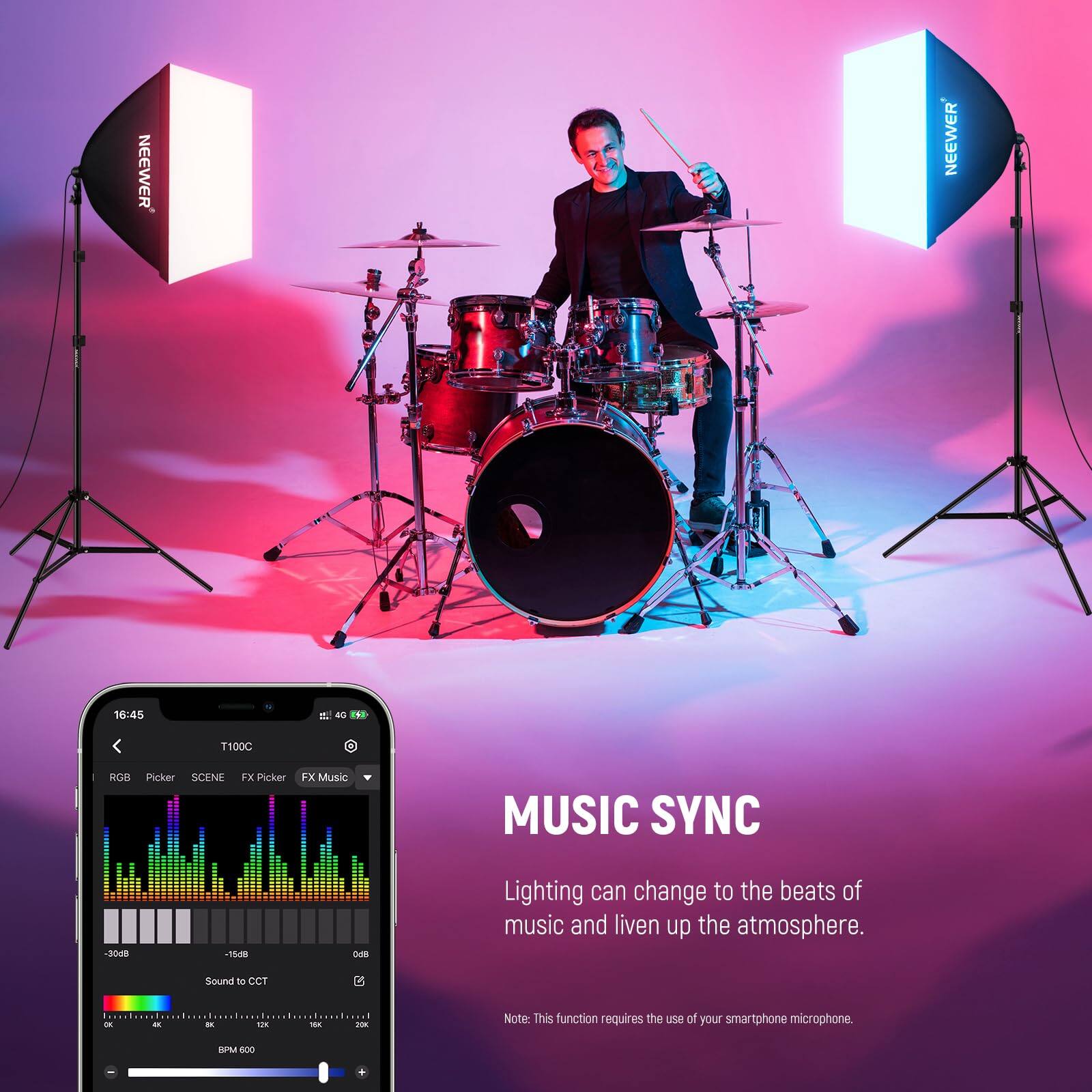 NEEWER 16:45 E 40 De3 T100C RGB Picker SCENE FX Picker *X Music MAN 3048 15d8 oUB MUSIC SYNC

Lighting can change to the beats of music and liven up the atmosphere. Sound T CCI D - - - - - - Note: This function requires the use of your smartphone microphone. BPM 400