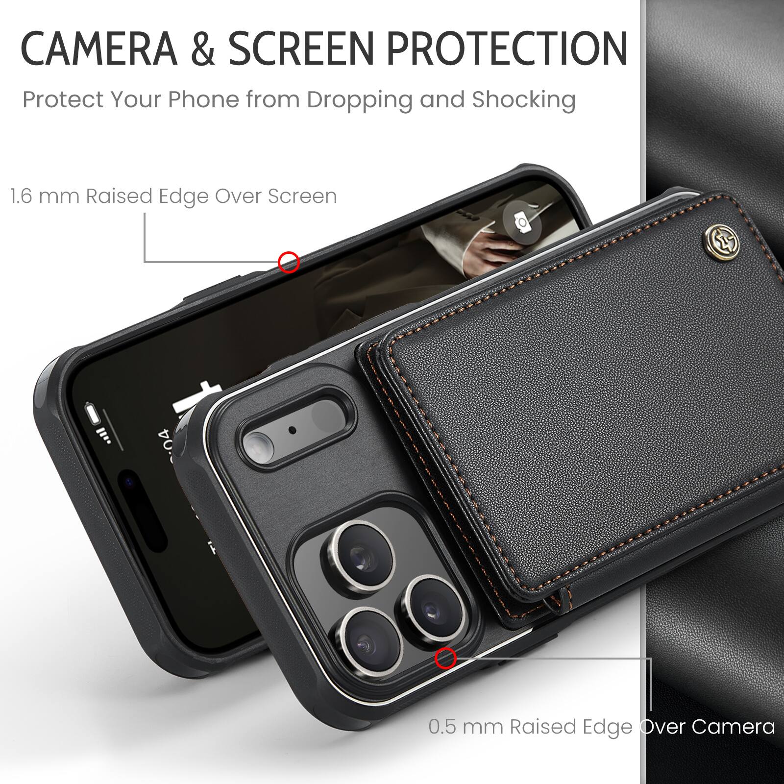 CAMERA & SCREEN PROTECTION  
Protect Your Phone from Dropping and Shocking  

1.6 mm Raised Edge Over Screen  
0.5 mm Raised Edge Over Camera